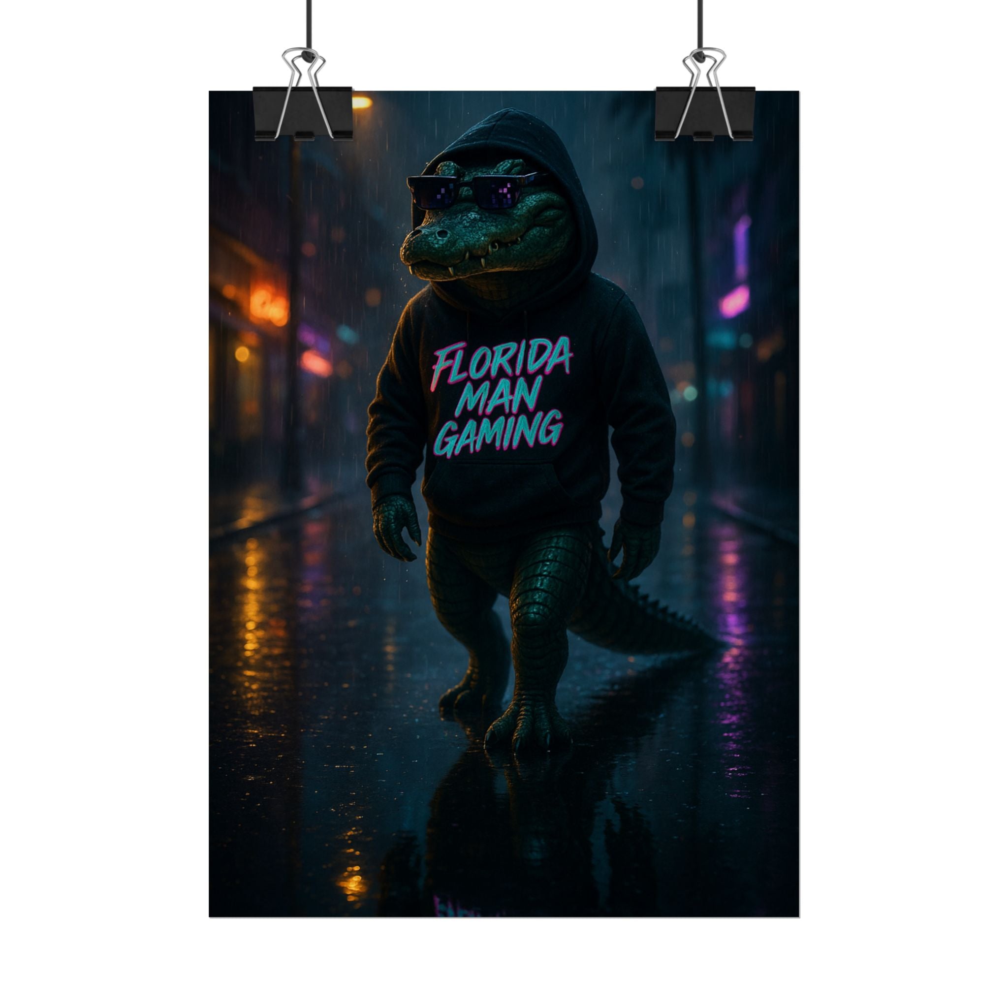 Rolled Posters - Florida Man Gaming Alligator Neon Cyberpunk Scene