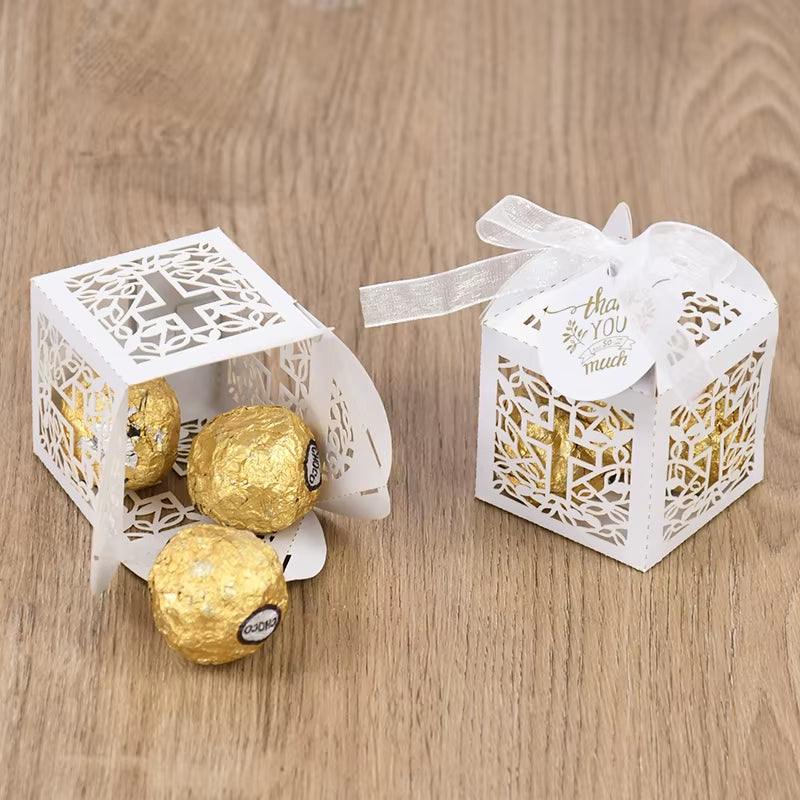 20/50Pcs Christening Favors Candy Box Gift Packaging Box with Thank You Tag Kids Birthday Party First Communion Baptism Supplies