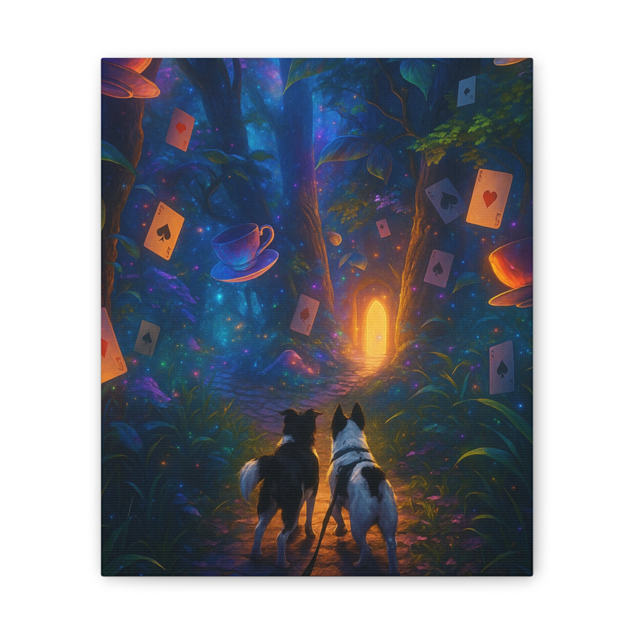 Magic Forest Canvas Wall Art — Dogs Exploring Wonderland with Glowing Door & Floating Playing Cards
