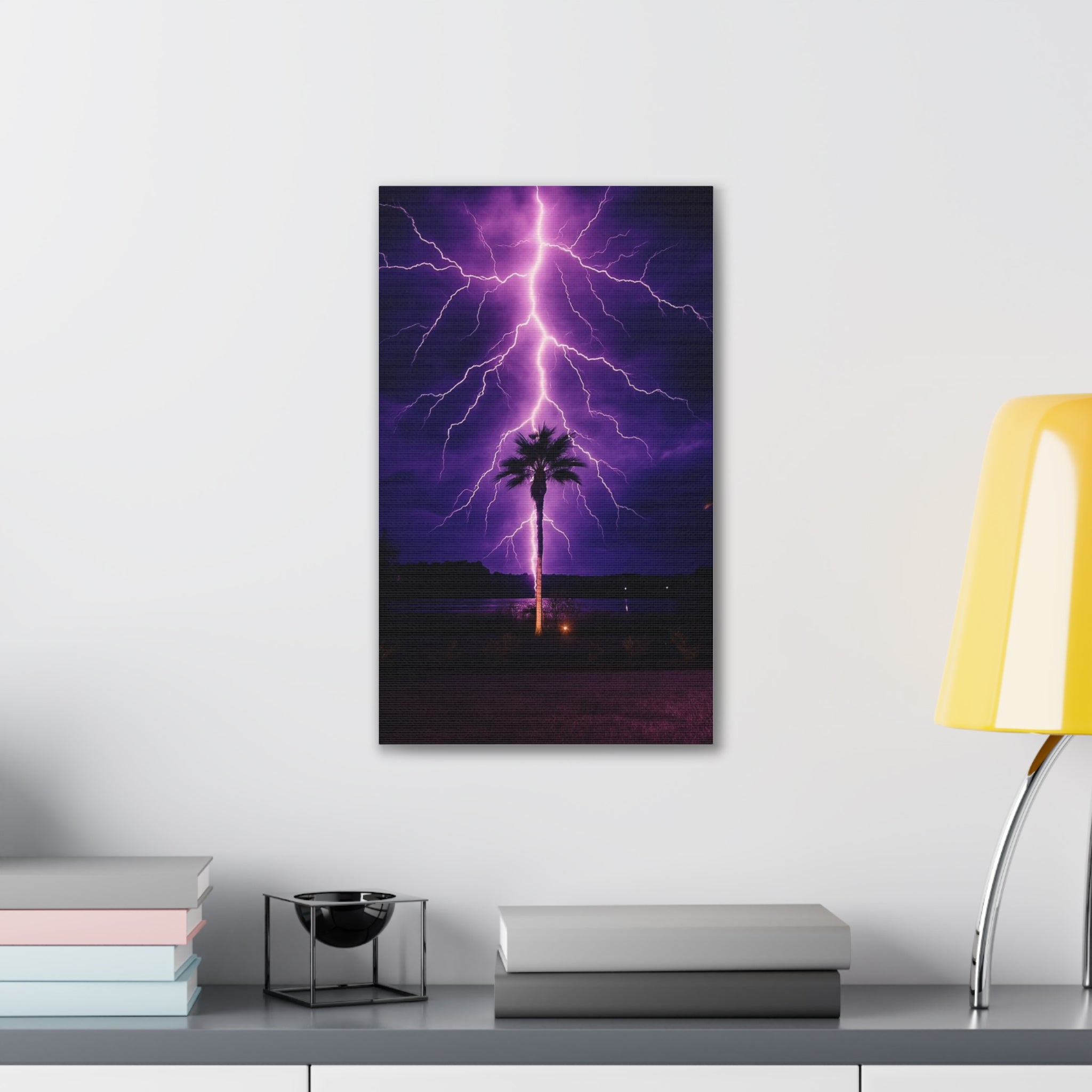 Purple Lightning Palm Tree Canvas Wall Art — Storm Photography Stretched Canvas