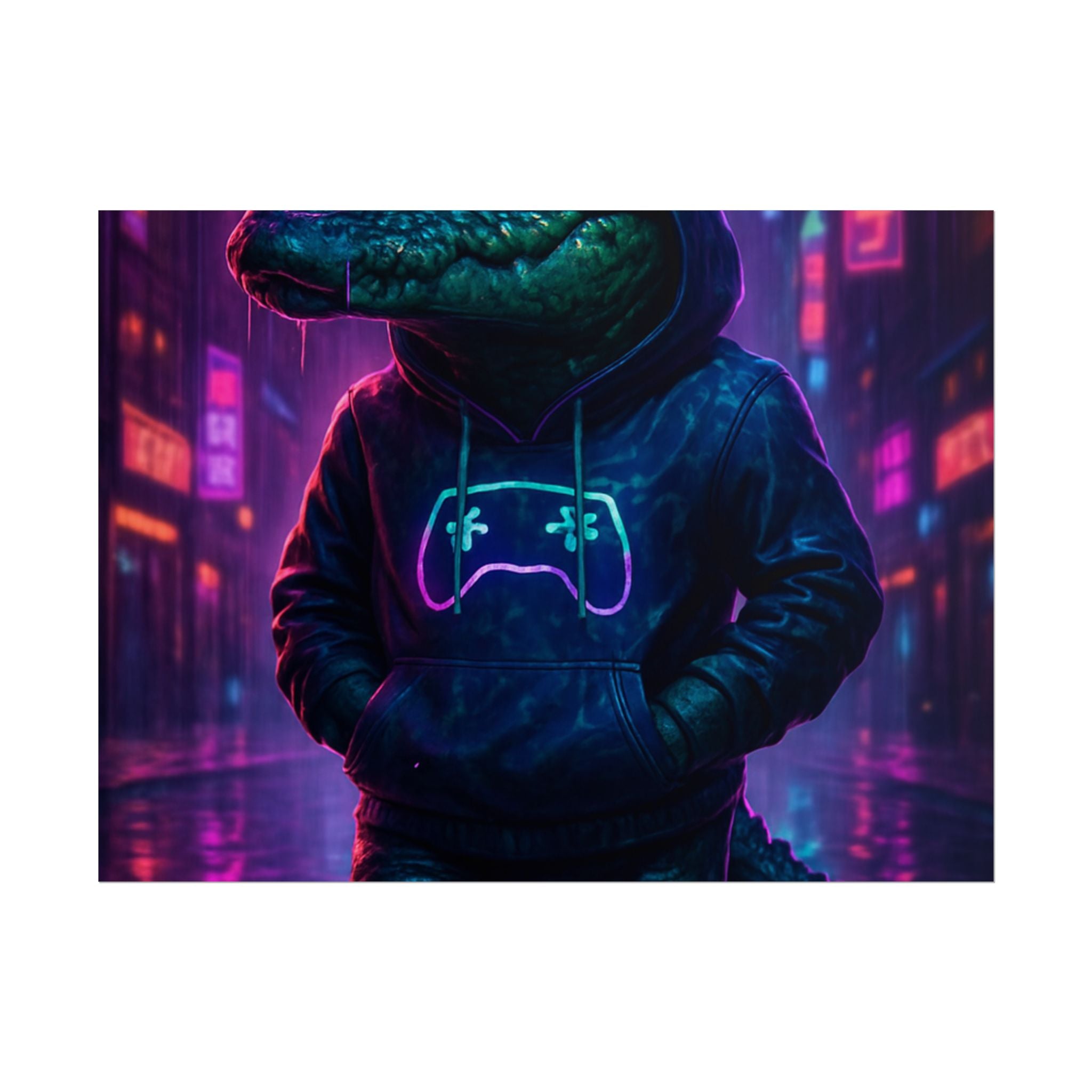 Rolled Posters - Florida Man Gaming Alligator Neon Gamer Hoodie Poster Print