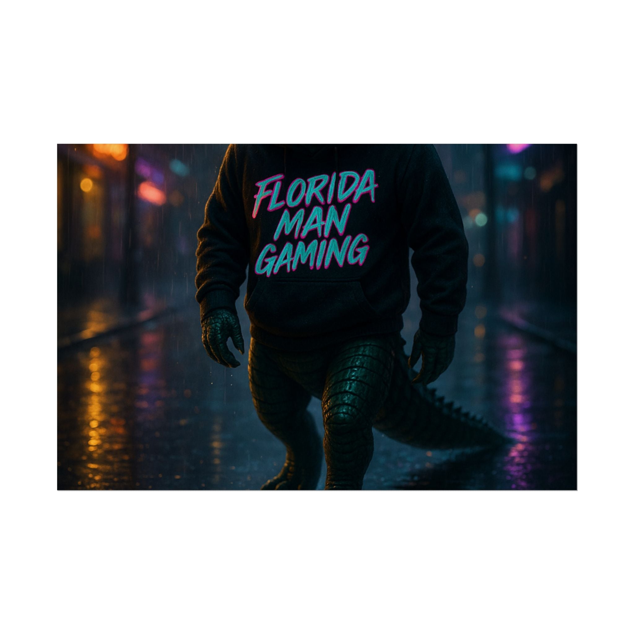 Rolled Posters - Florida Man Gaming Alligator Neon Cyberpunk Scene