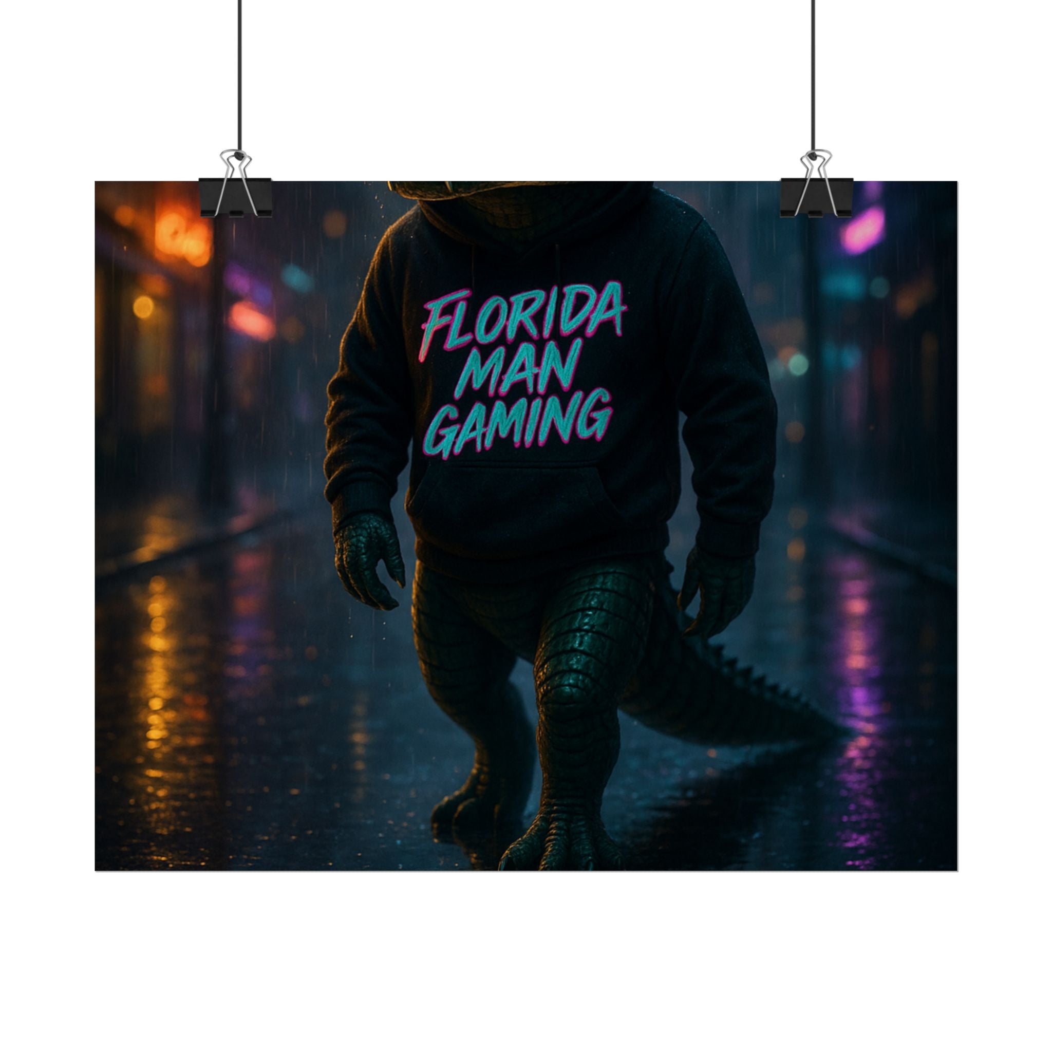 Rolled Posters - Florida Man Gaming Alligator Neon Cyberpunk Scene