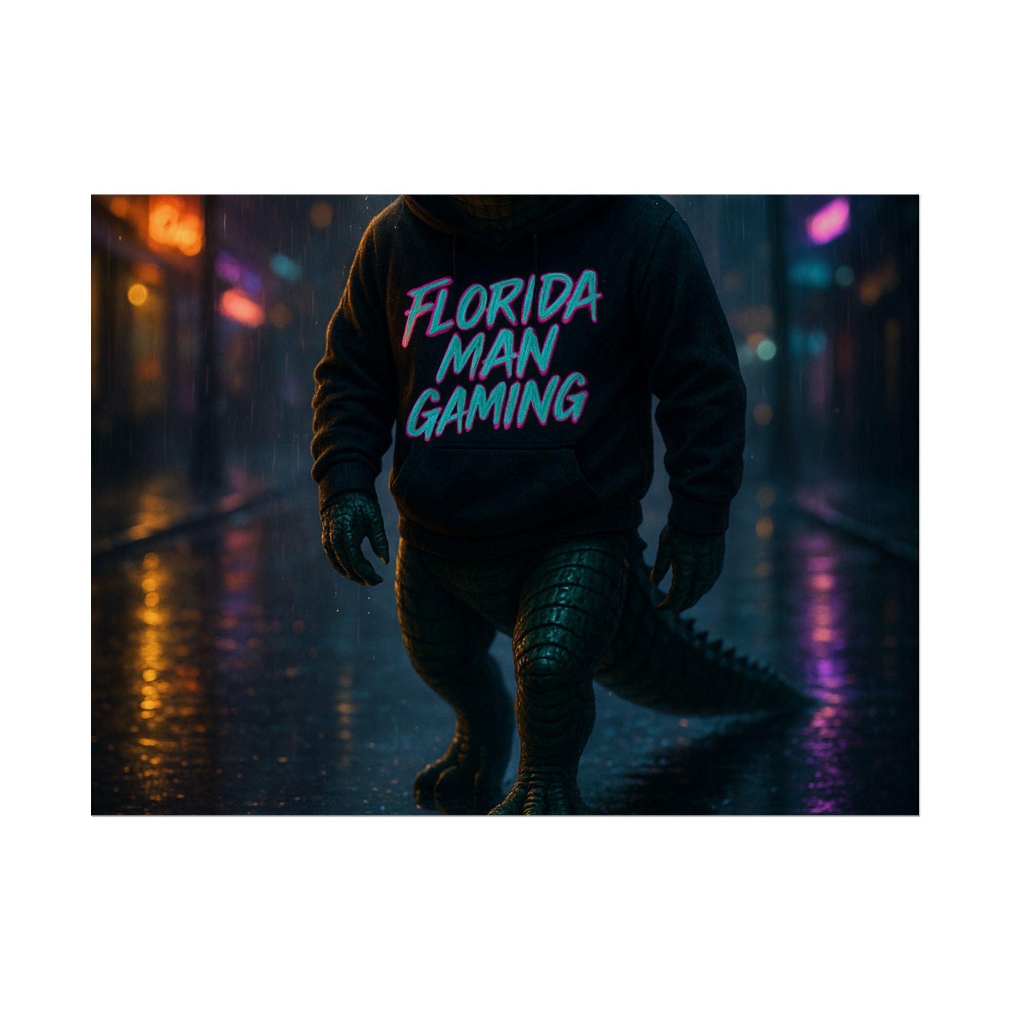 Rolled Posters - Florida Man Gaming Alligator Neon Cyberpunk Scene