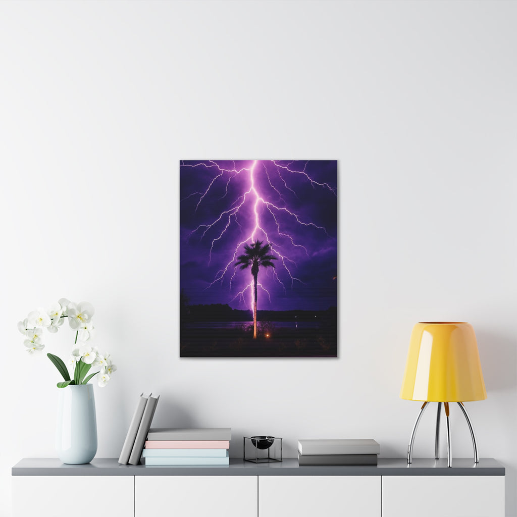 Purple Lightning Palm Tree Canvas Wall Art — Storm Photography Stretched Canvas