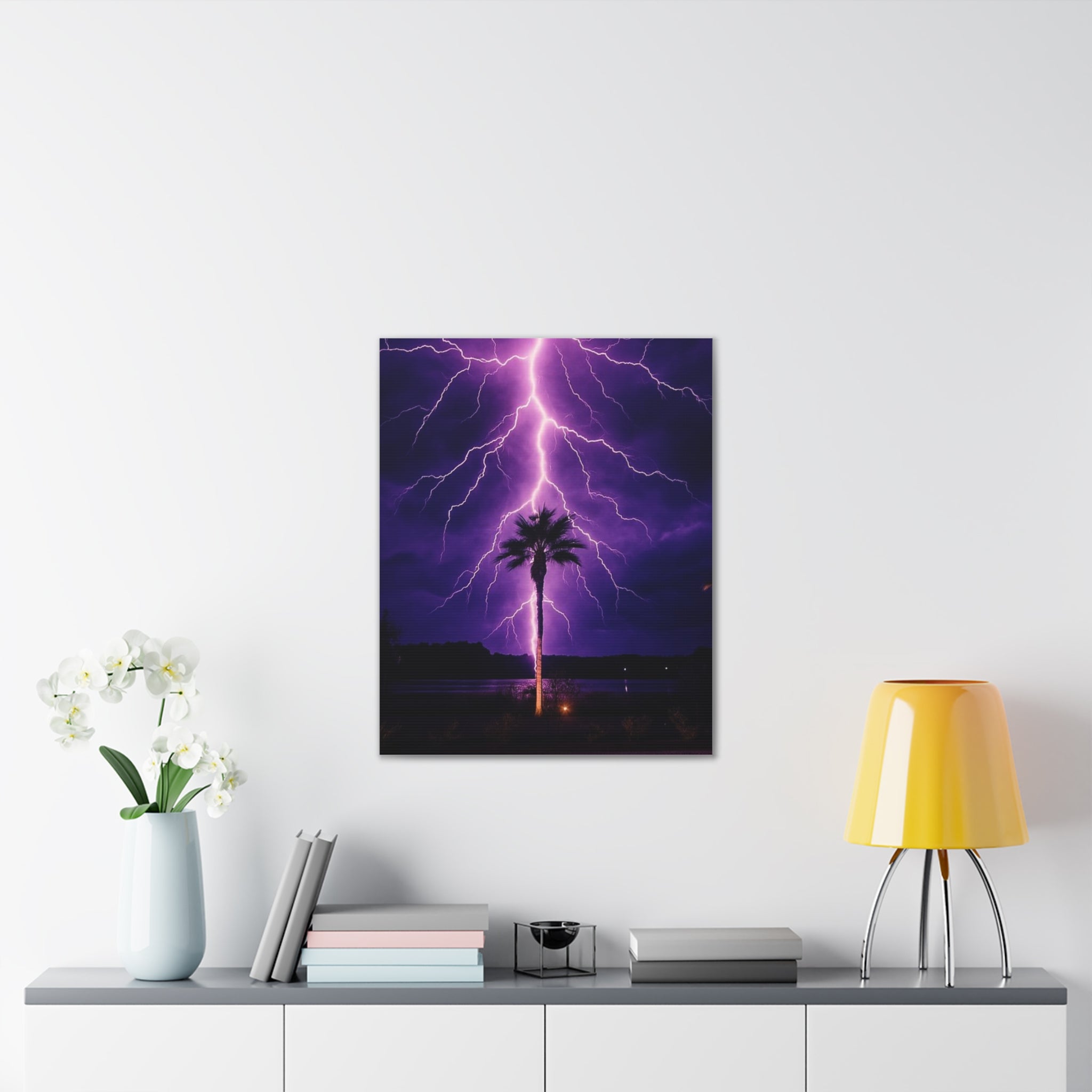 Purple Lightning Palm Tree Canvas Wall Art — Storm Photography Stretched Canvas