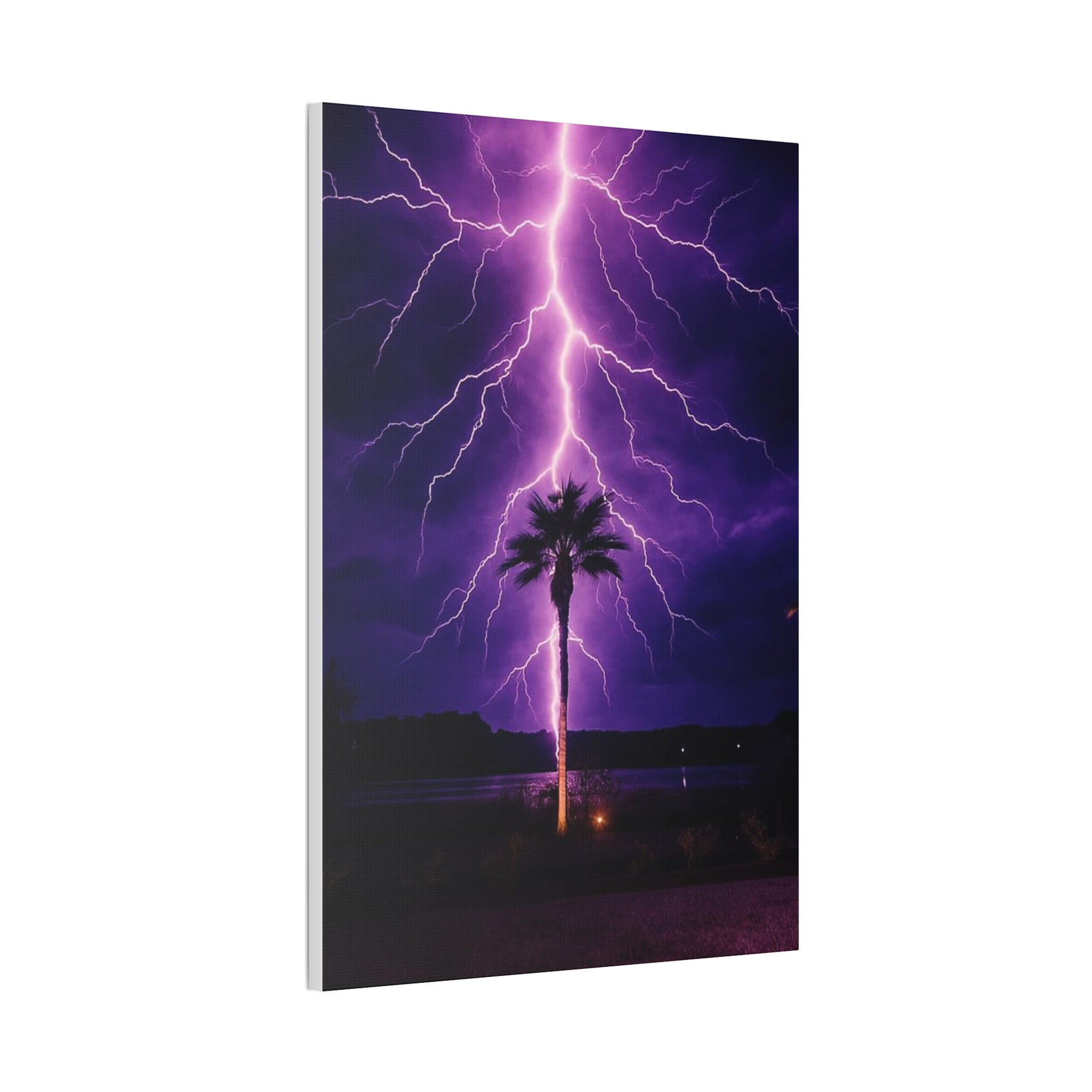 Purple Lightning Palm Tree Canvas Wall Art — Storm Photography Stretched Canvas