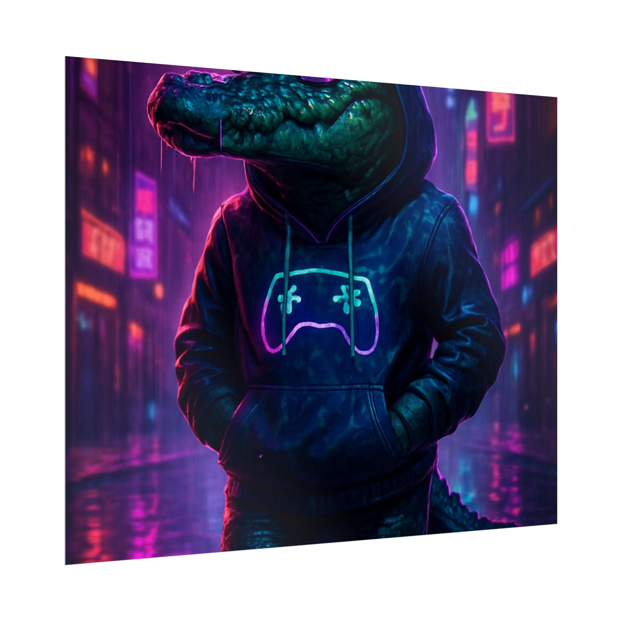 Rolled Posters - Florida Man Gaming Alligator Neon Gamer Hoodie Poster Print