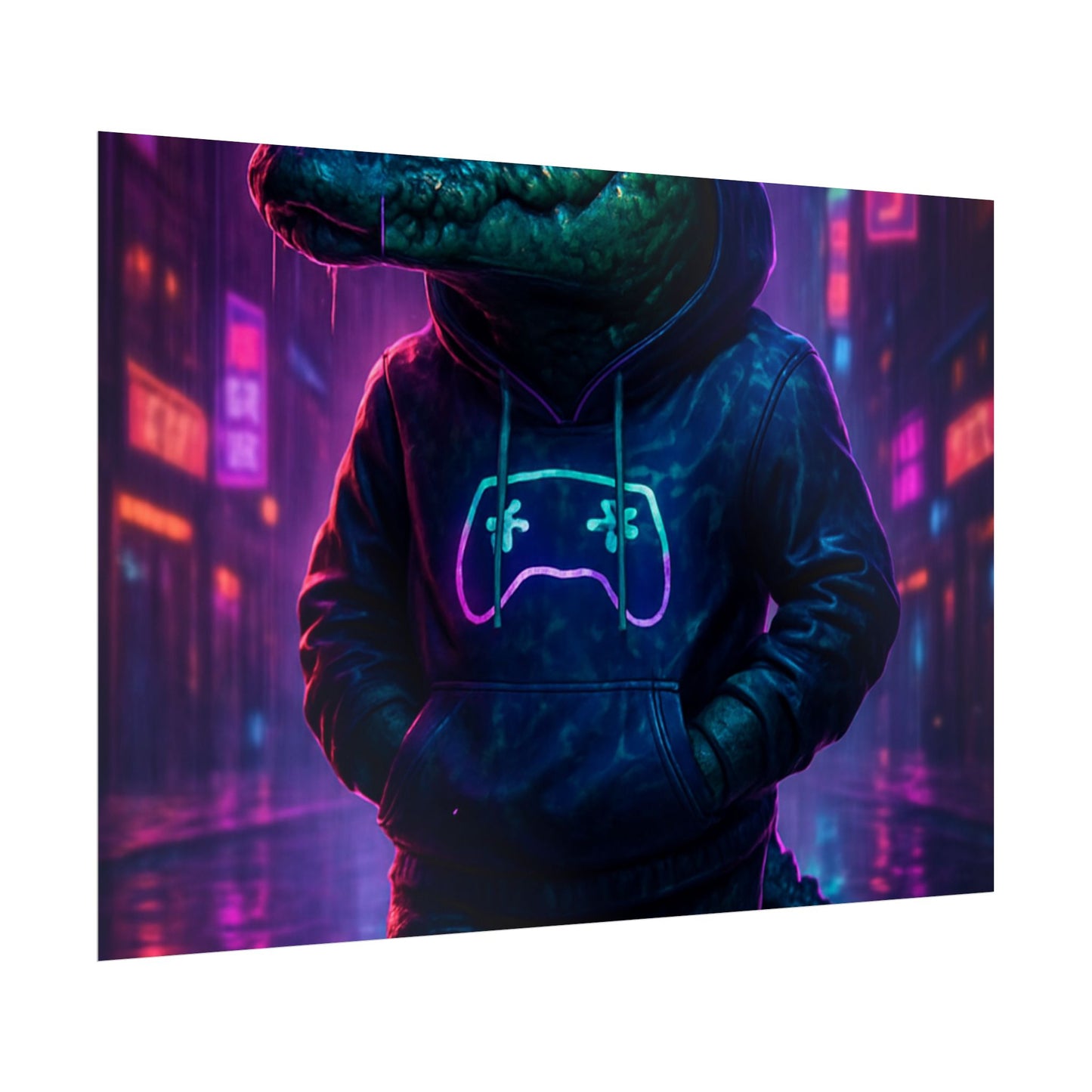 Rolled Posters - Florida Man Gaming Alligator Neon Gamer Hoodie Poster Print