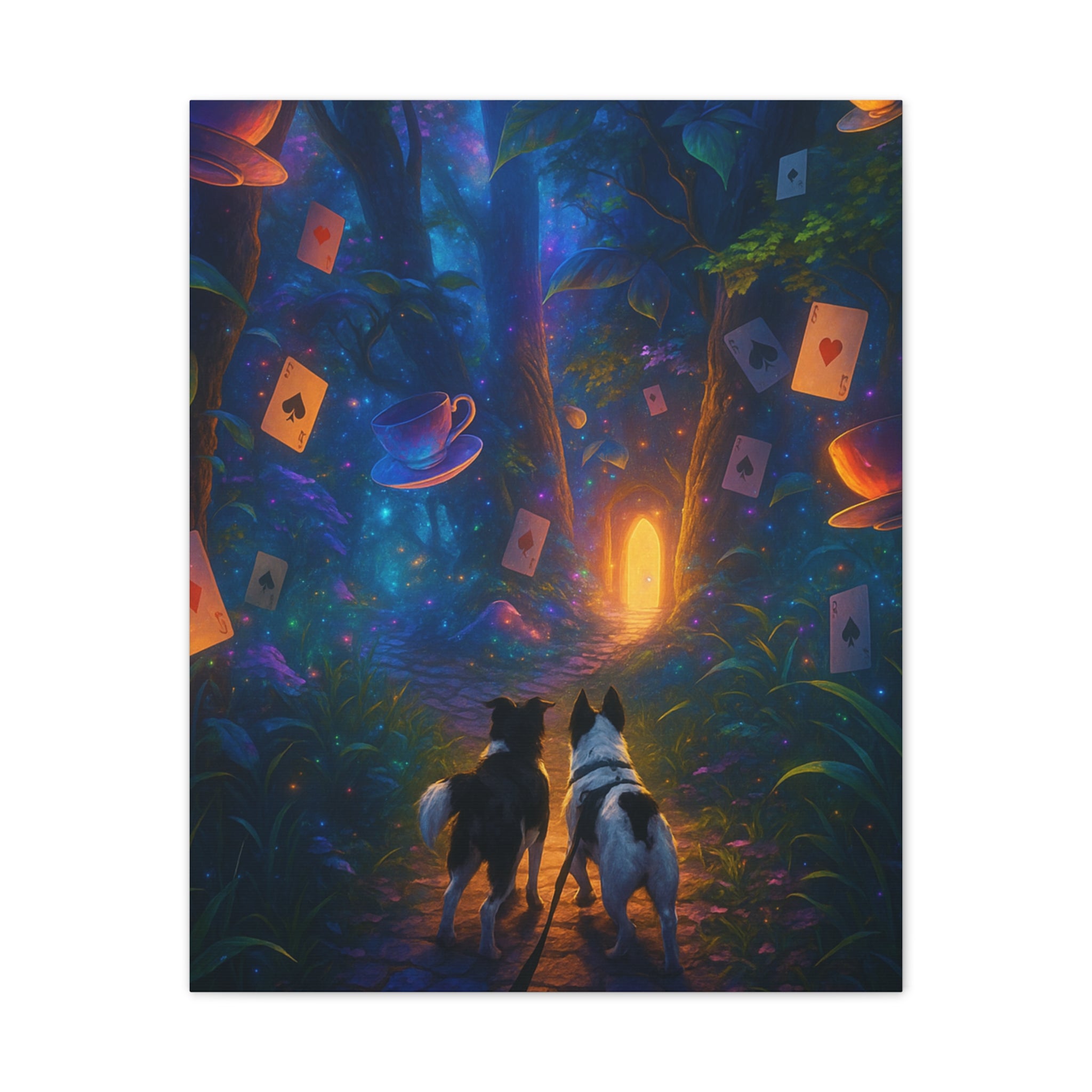 Magic Forest Canvas Wall Art — Dogs Exploring Wonderland with Glowing Door & Floating Playing Cards