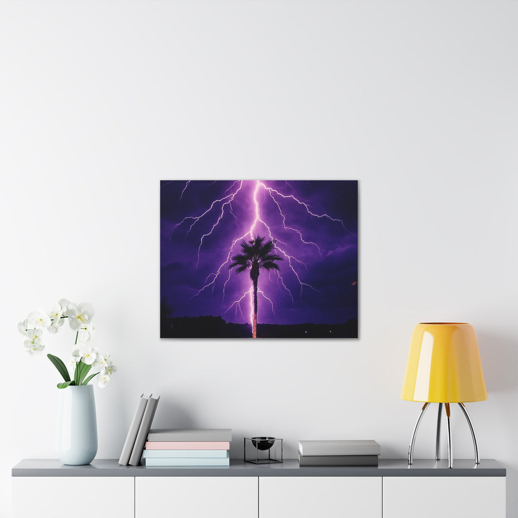 Purple Lightning Palm Tree Canvas Wall Art — Storm Photography Stretched Canvas