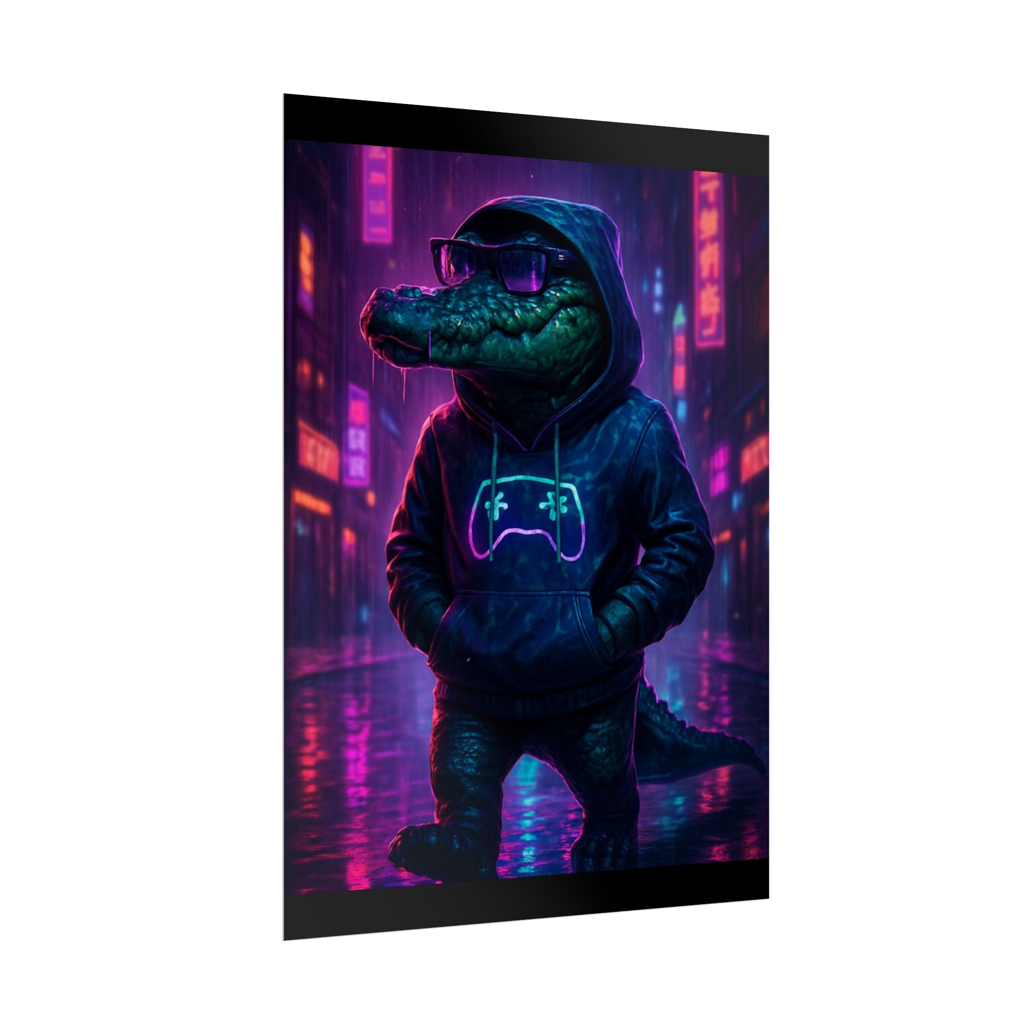 Rolled Posters - Florida Man Gaming Alligator Neon Gamer Hoodie Poster Print