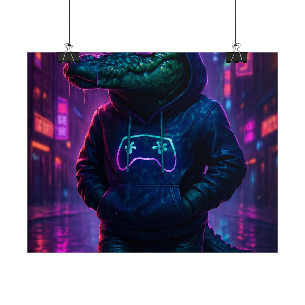 Rolled Posters - Florida Man Gaming Alligator Neon Gamer Hoodie Poster Print