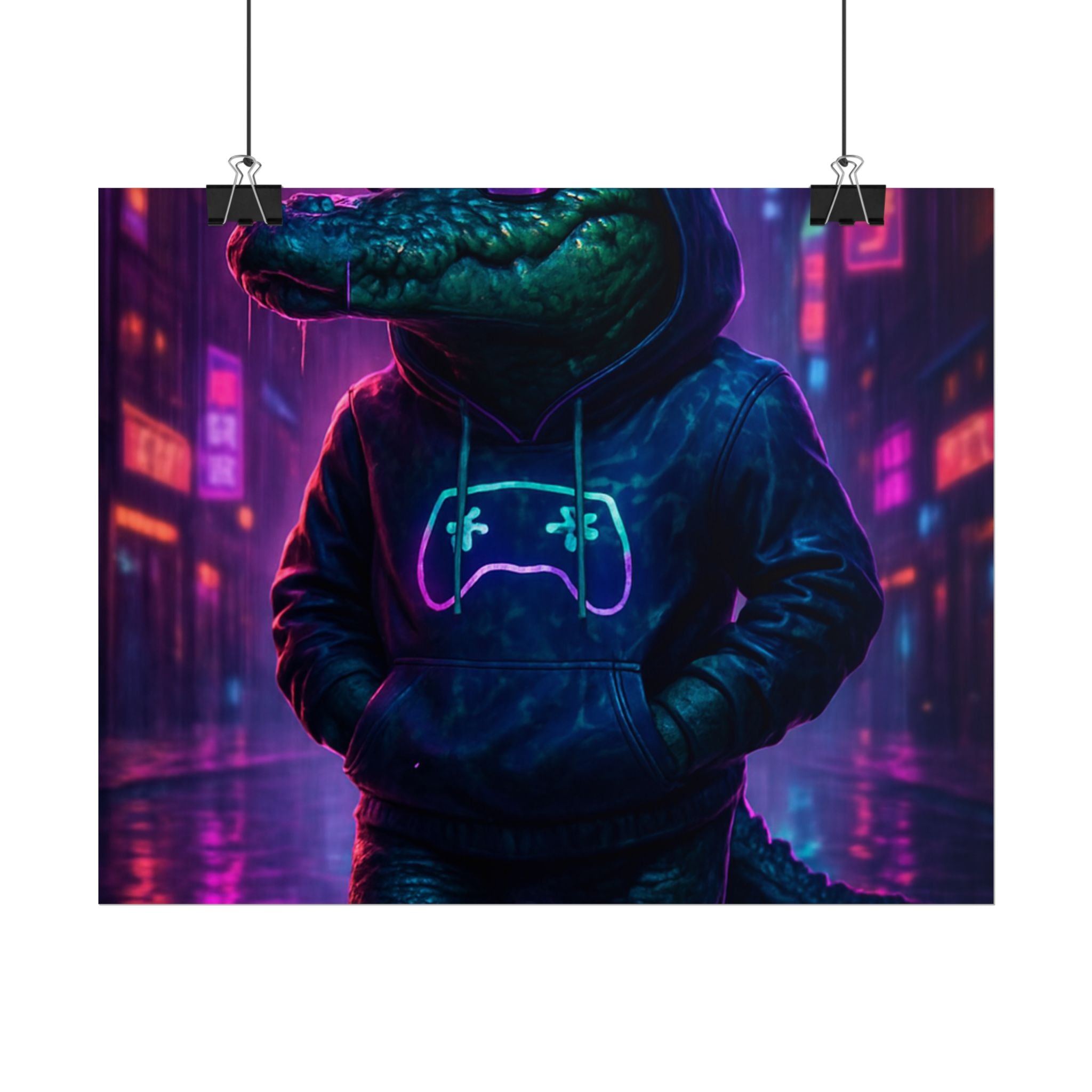 Rolled Posters - Florida Man Gaming Alligator Neon Gamer Hoodie Poster Print