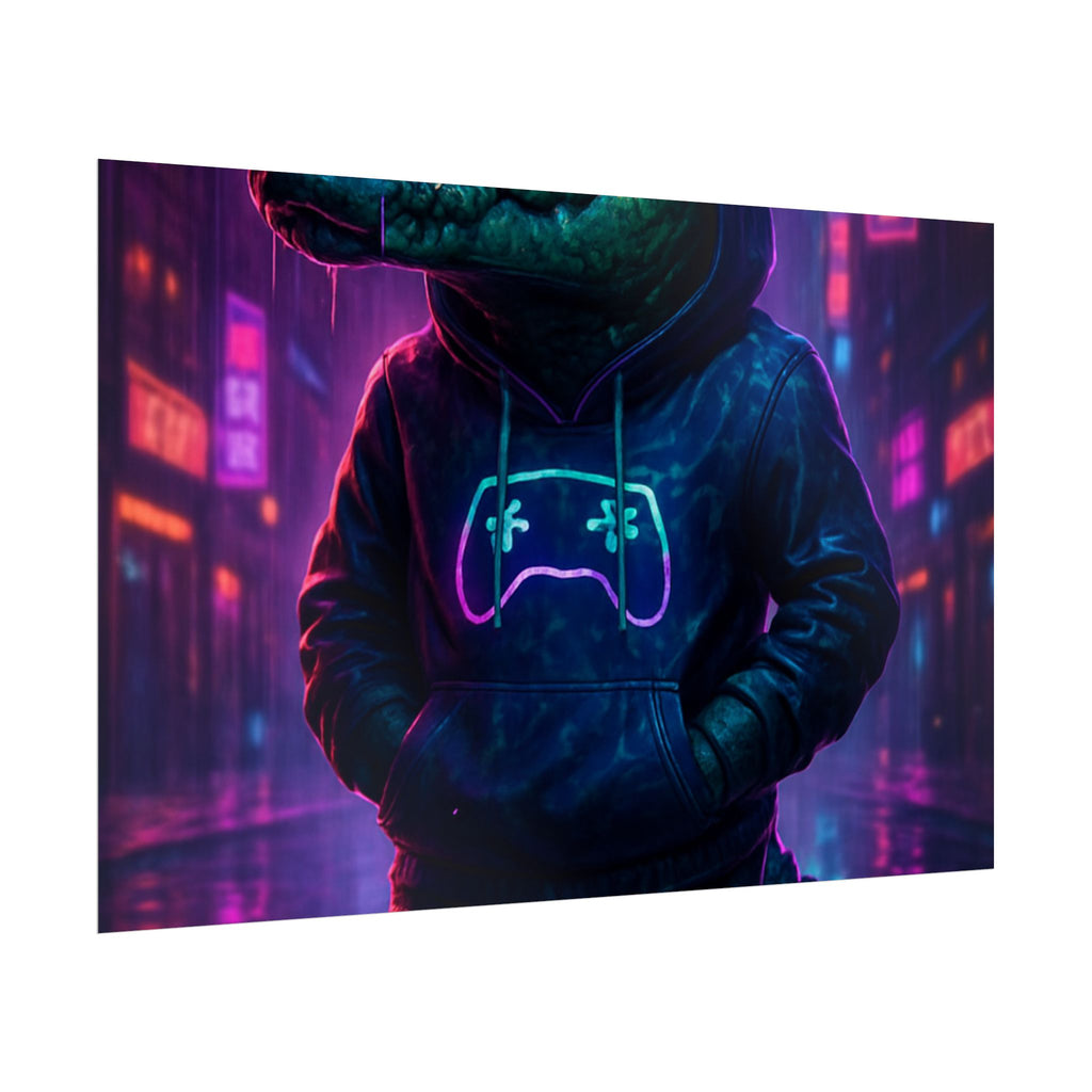 Rolled Posters - Florida Man Gaming Alligator Neon Gamer Hoodie Poster Print
