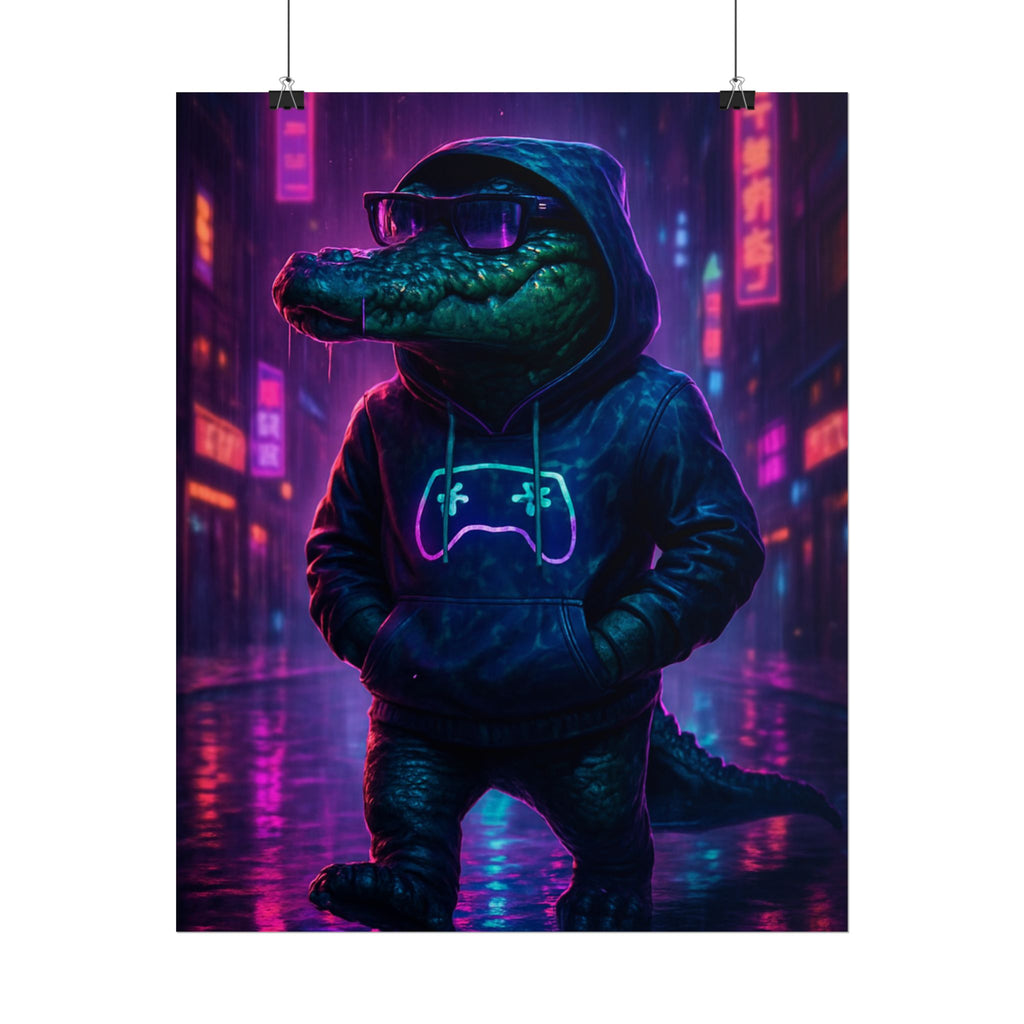 Rolled Posters - Florida Man Gaming Alligator Neon Gamer Hoodie Poster Print