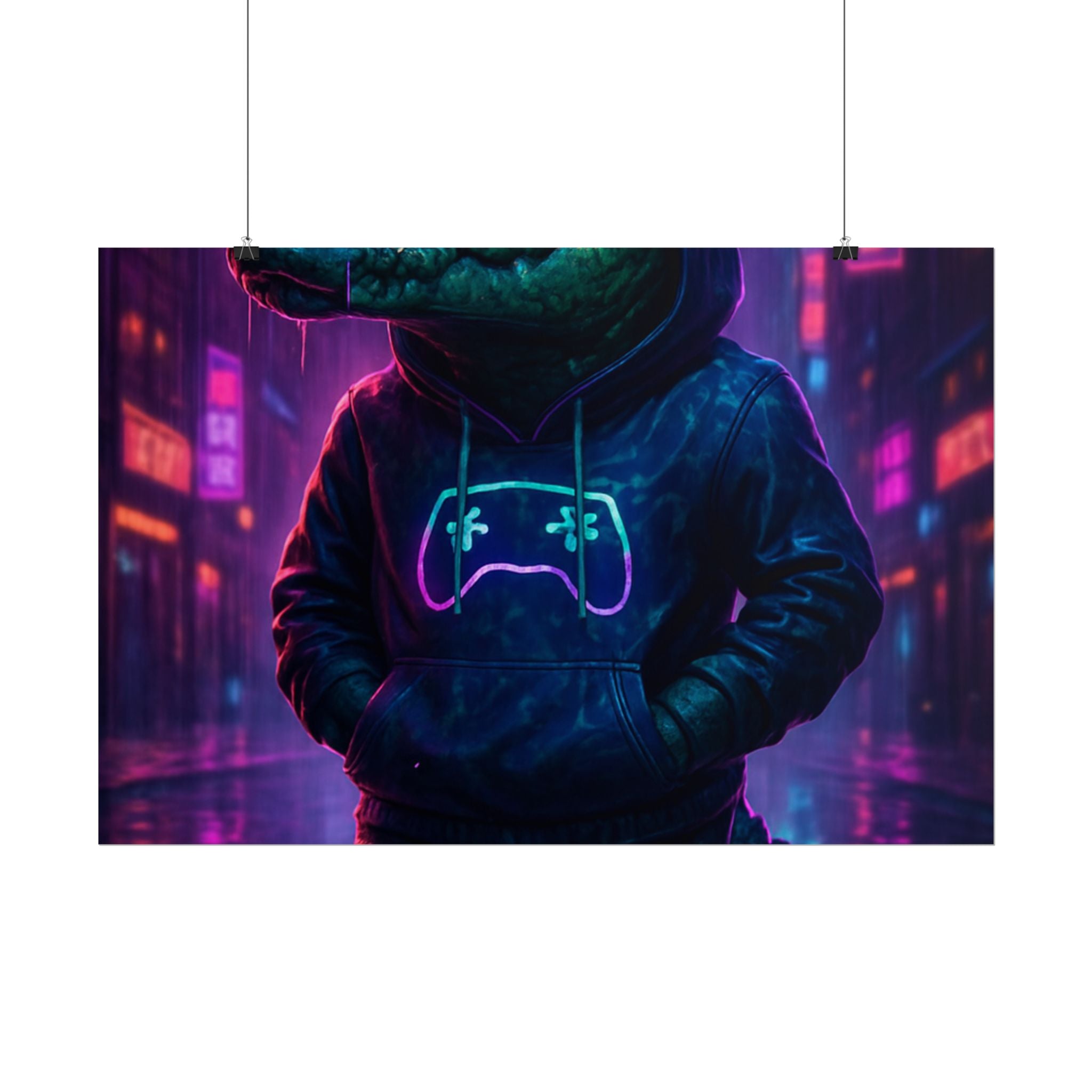 Rolled Posters - Florida Man Gaming Alligator Neon Gamer Hoodie Poster Print