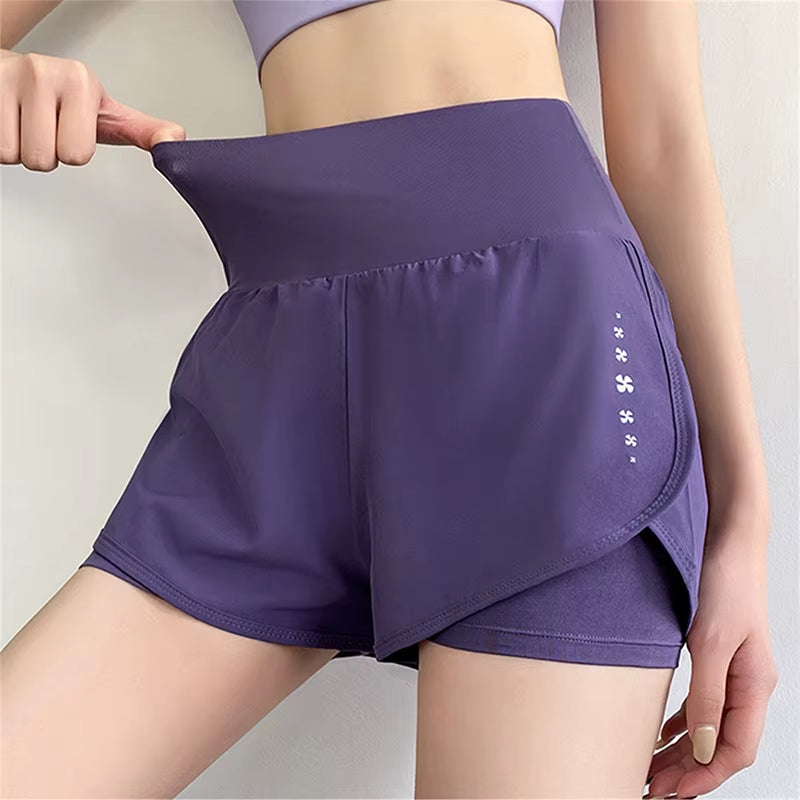 Women'S High Waisted Sports Short Yoga Tennis Running Pilates Bottom with Pockets Tight Fitting Fake Two Pieces Sports Pants