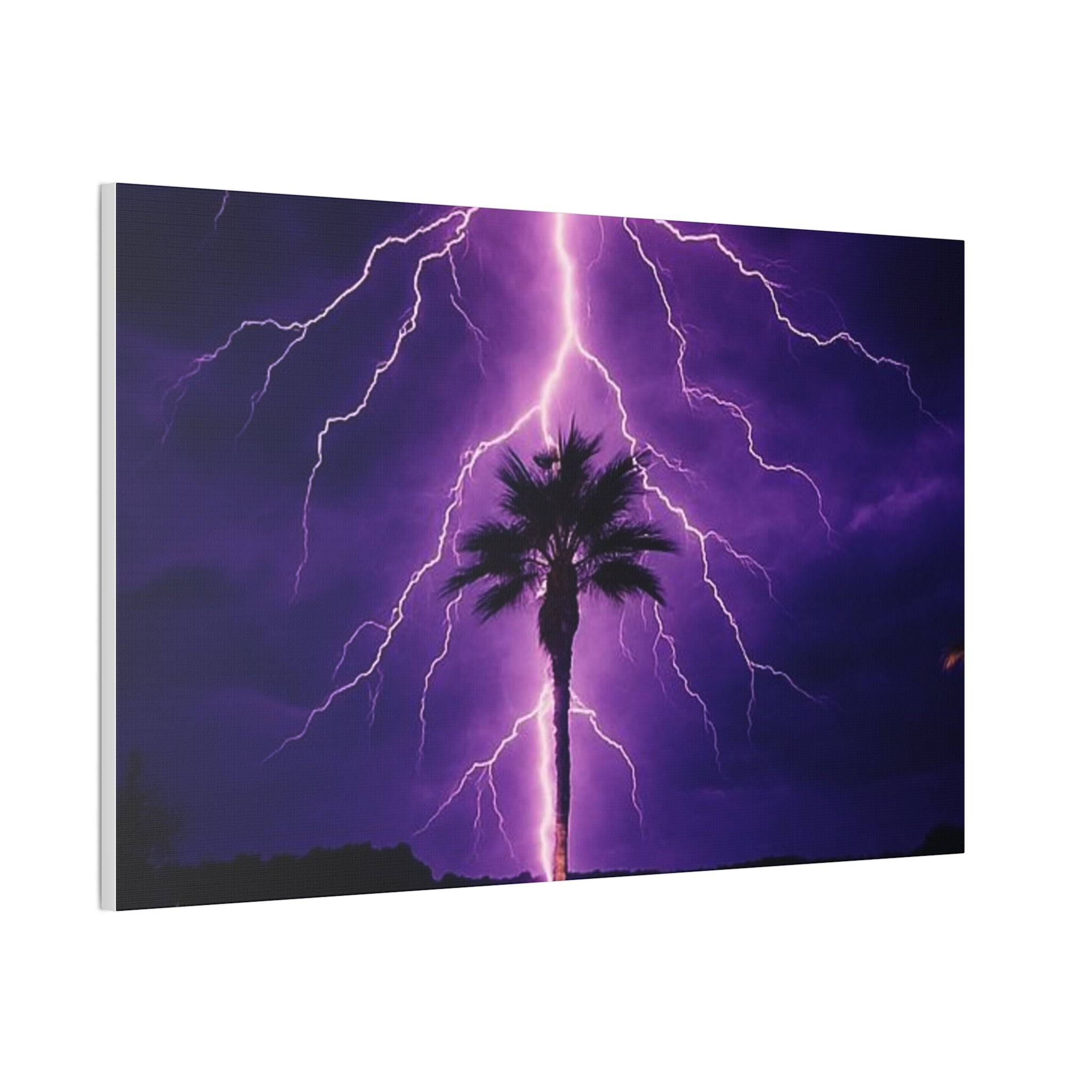 Purple Lightning Palm Tree Canvas Wall Art — Storm Photography Stretched Canvas