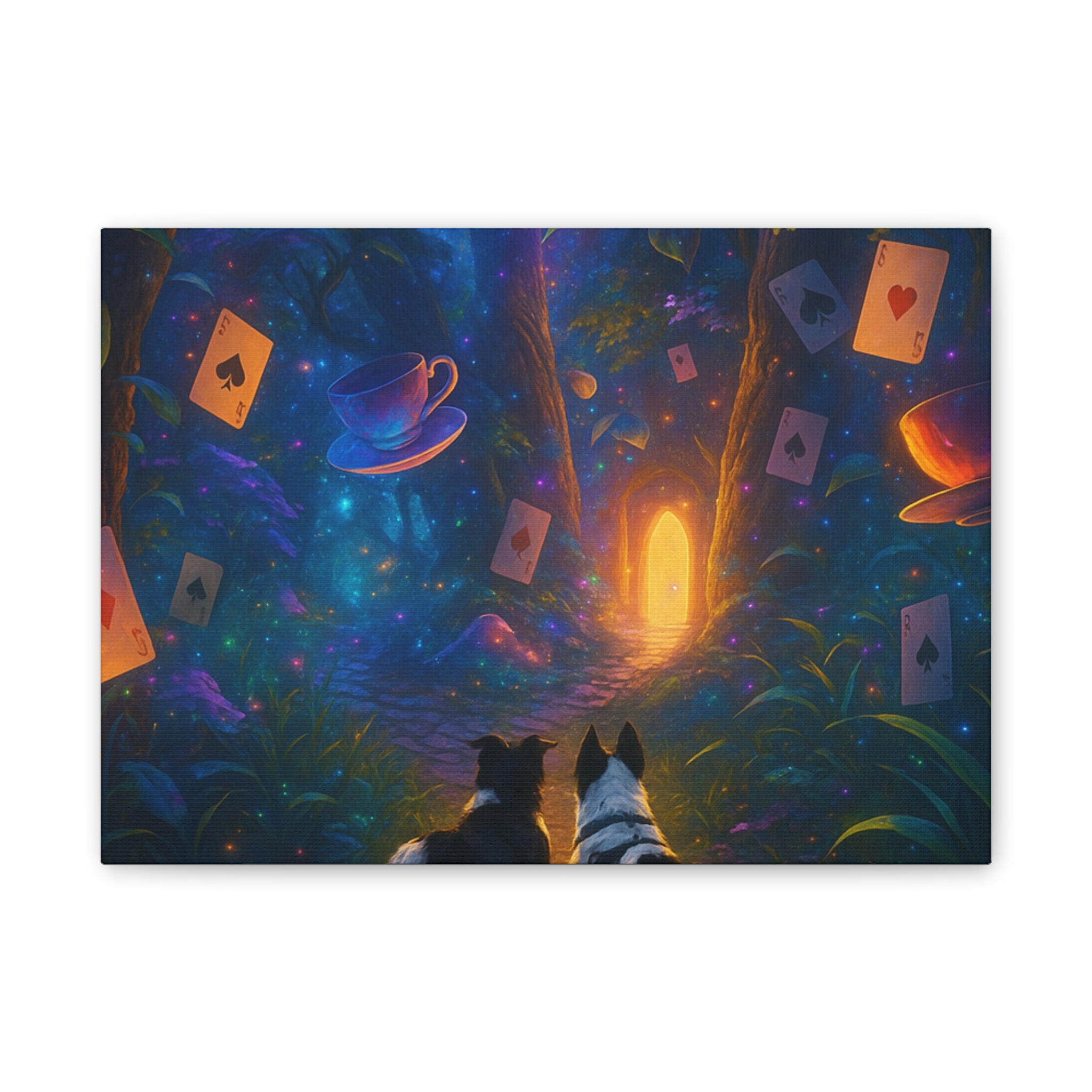 Magic Forest Canvas Wall Art — Dogs Exploring Wonderland with Glowing Door & Floating Playing Cards