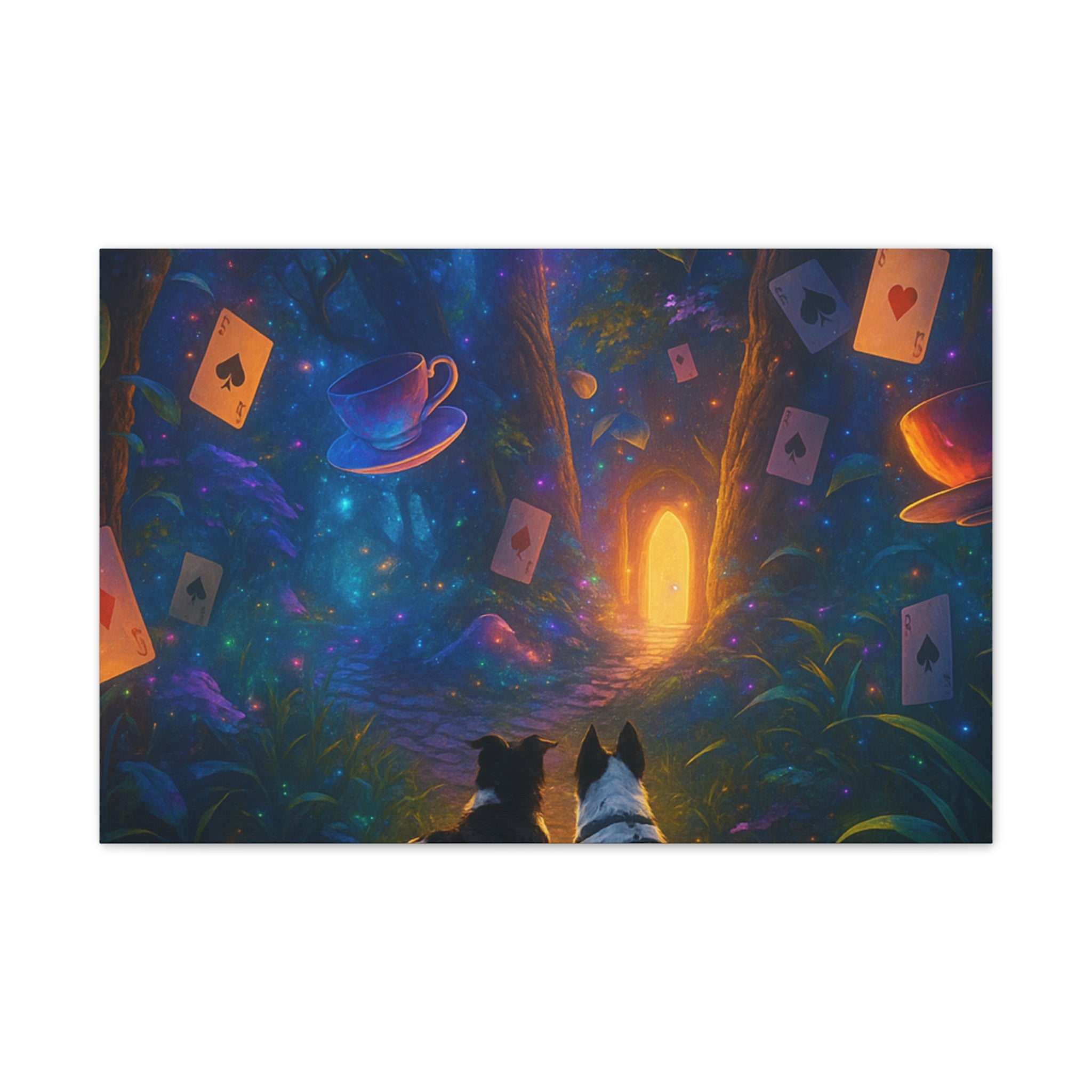 Magic Forest Canvas Wall Art — Dogs Exploring Wonderland with Glowing Door & Floating Playing Cards