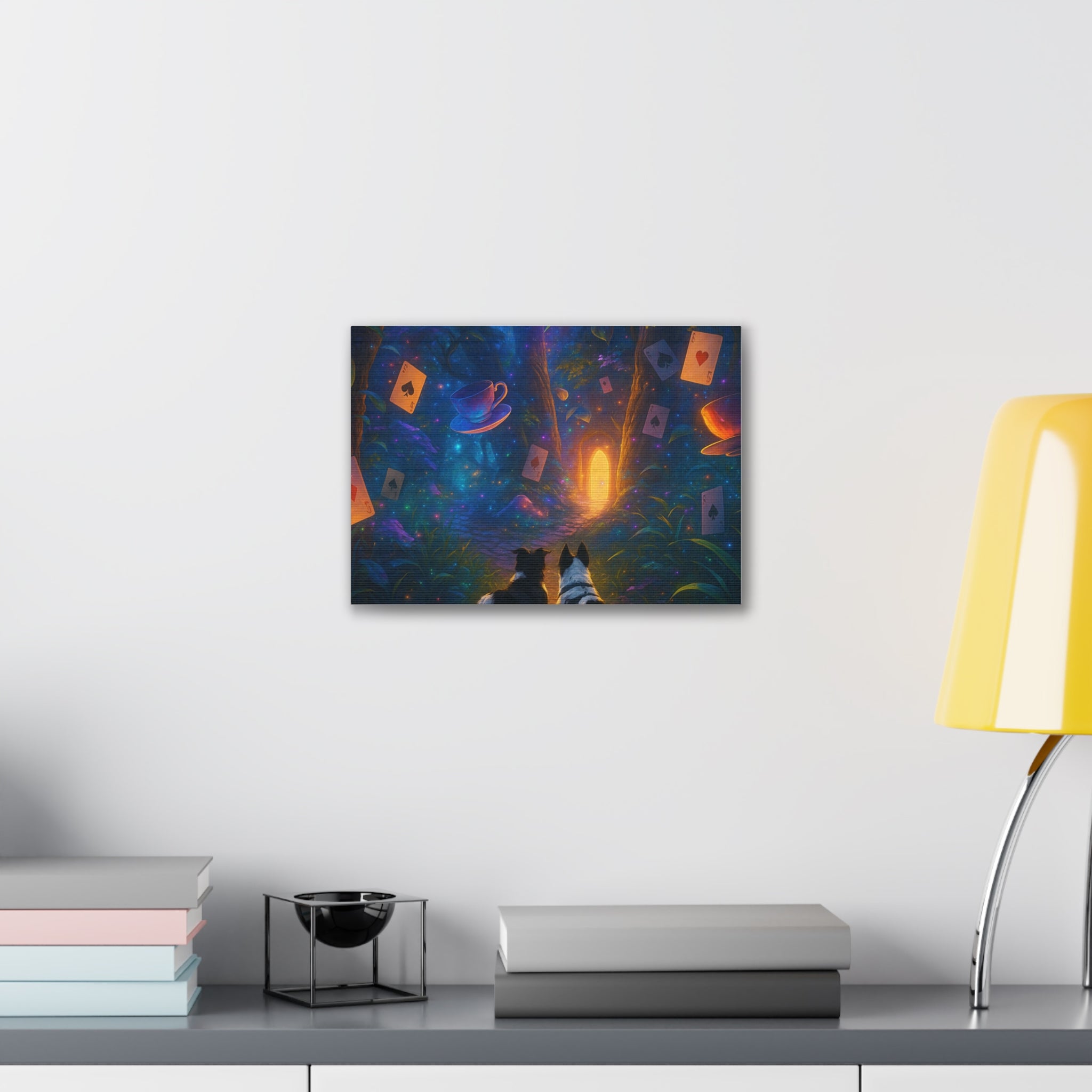 Magic Forest Canvas Wall Art — Dogs Exploring Wonderland with Glowing Door & Floating Playing Cards