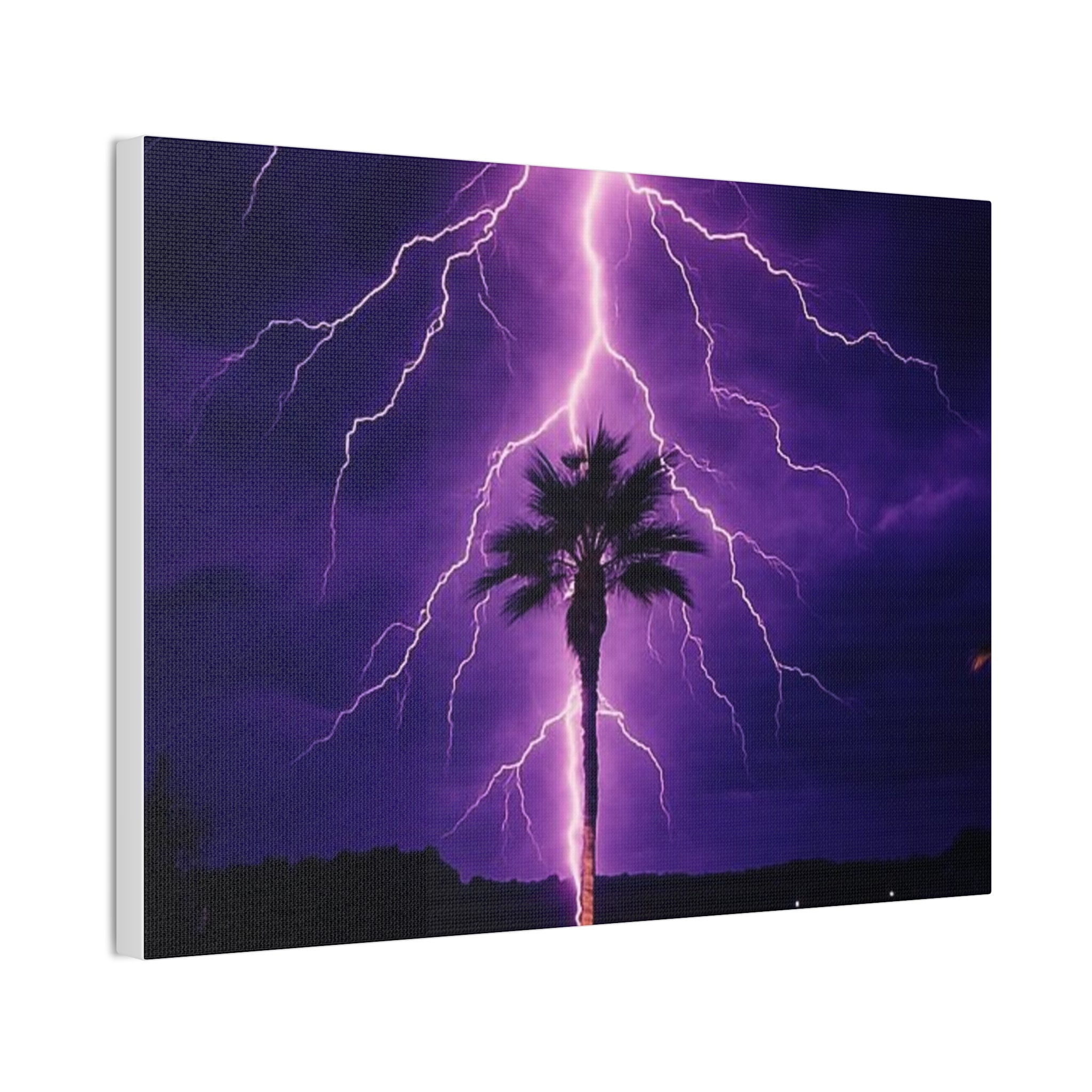 Purple Lightning Palm Tree Canvas Wall Art — Storm Photography Stretched Canvas