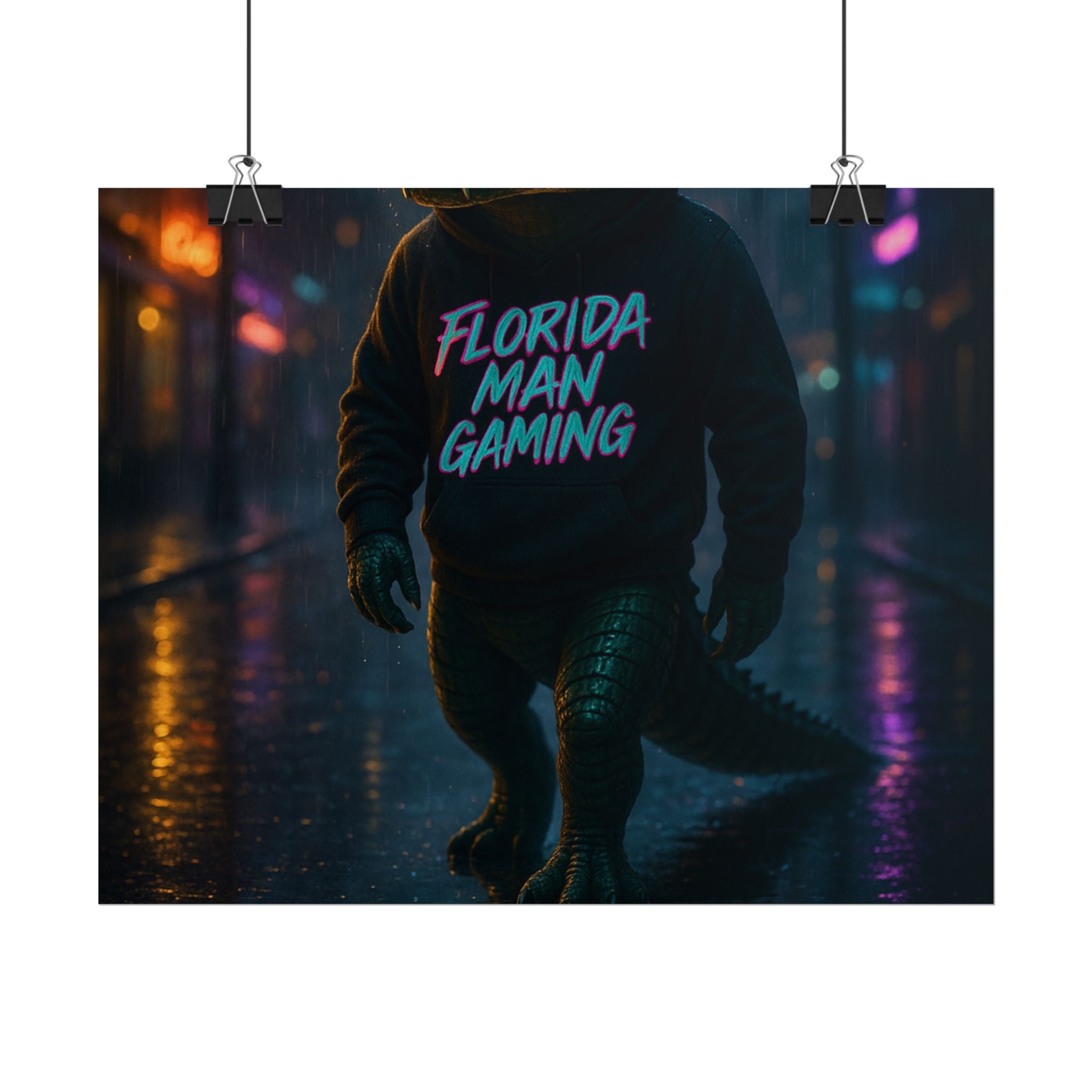 Rolled Posters - Florida Man Gaming Alligator Neon Cyberpunk Scene