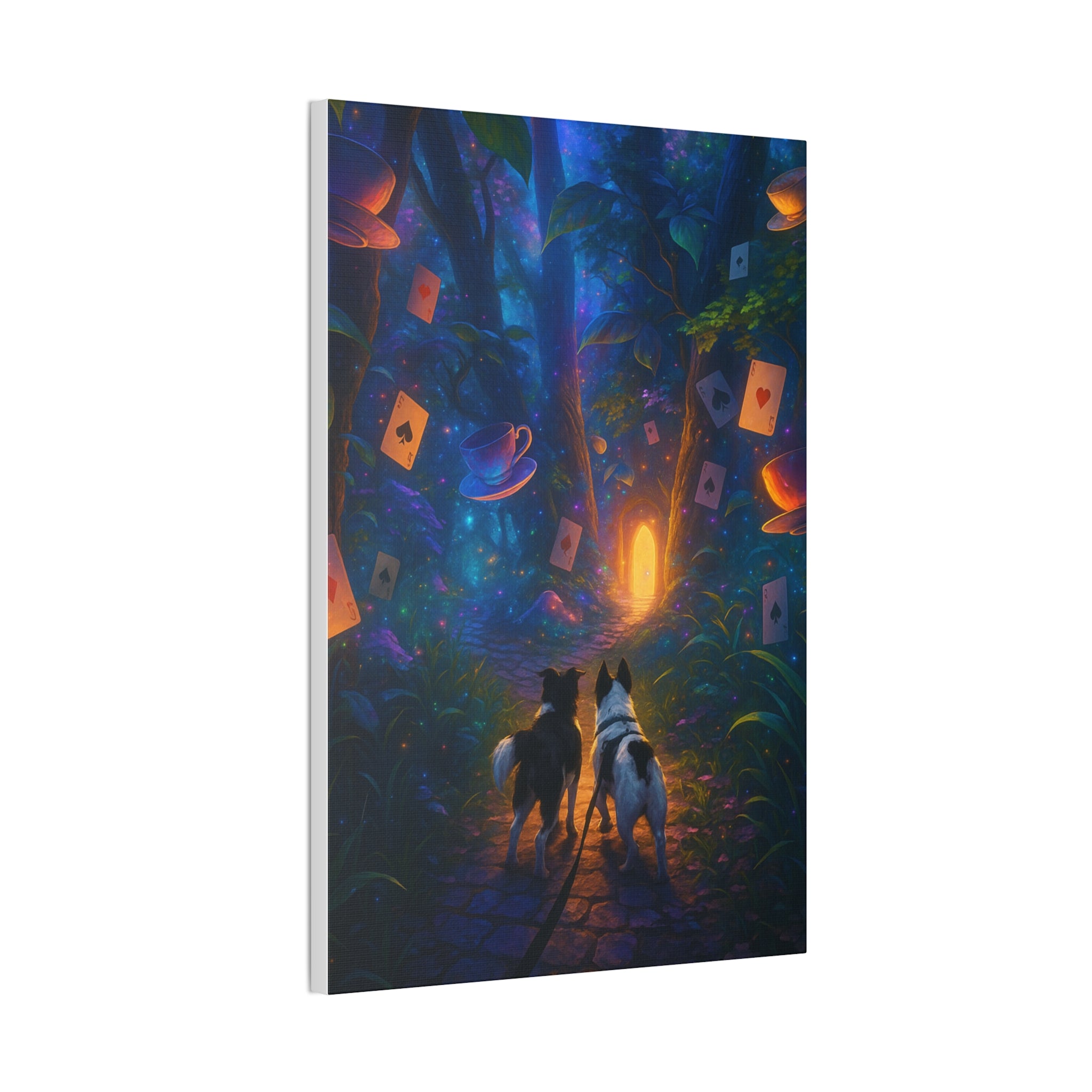Magic Forest Canvas Wall Art — Dogs Exploring Wonderland with Glowing Door & Floating Playing Cards