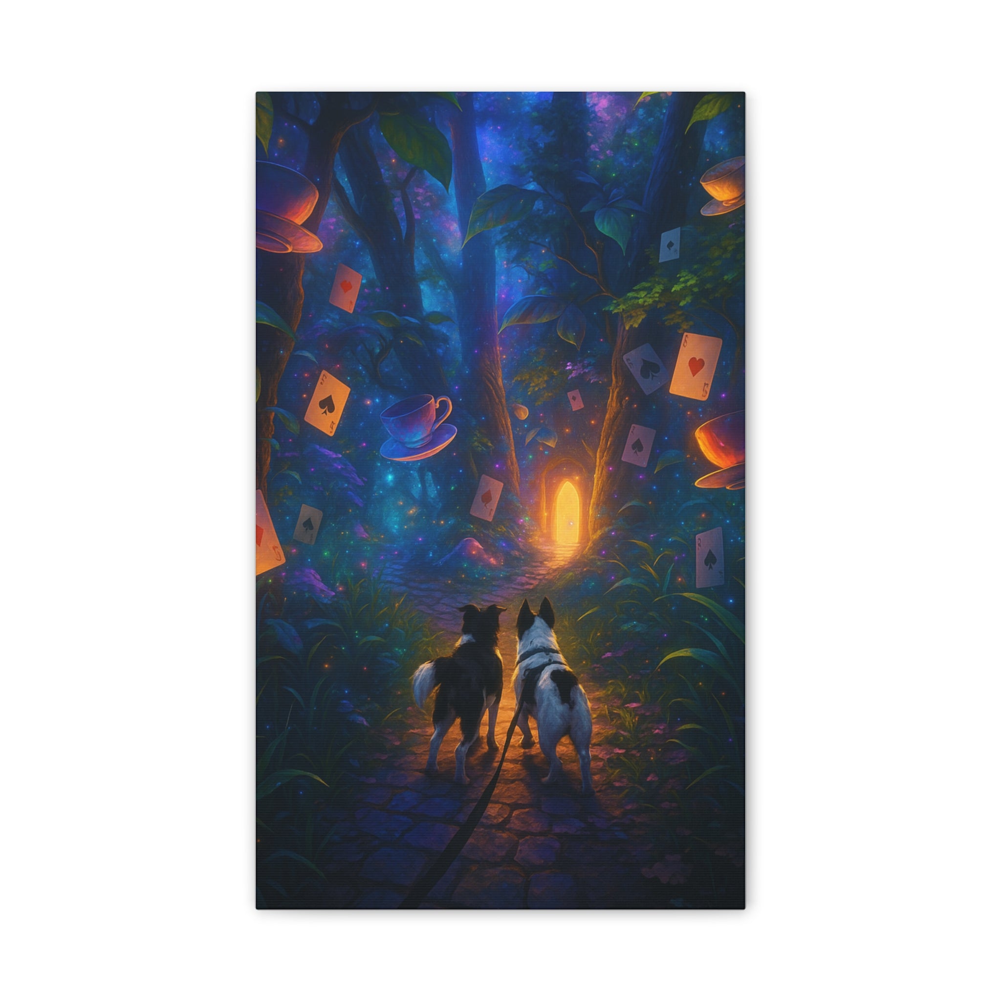 Magic Forest Canvas Wall Art — Dogs Exploring Wonderland with Glowing Door & Floating Playing Cards