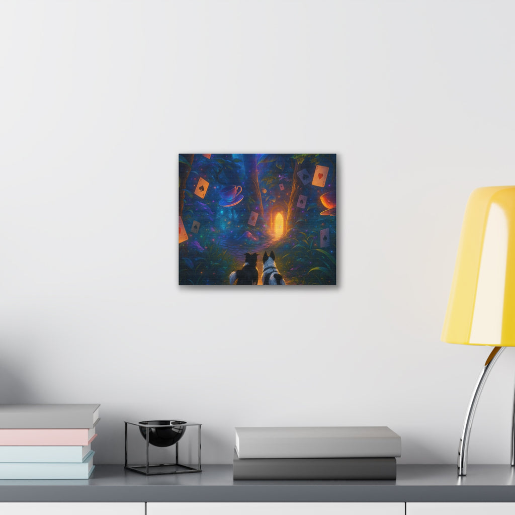 Magic Forest Canvas Wall Art — Dogs Exploring Wonderland with Glowing Door & Floating Playing Cards