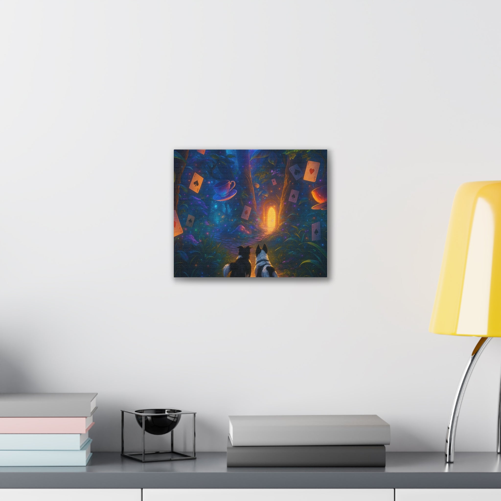 Magic Forest Canvas Wall Art — Dogs Exploring Wonderland with Glowing Door & Floating Playing Cards