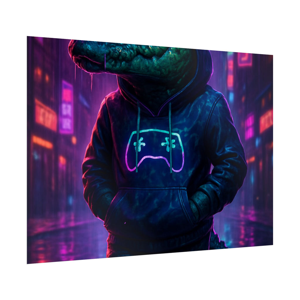 Rolled Posters - Florida Man Gaming Alligator Neon Gamer Hoodie Poster Print
