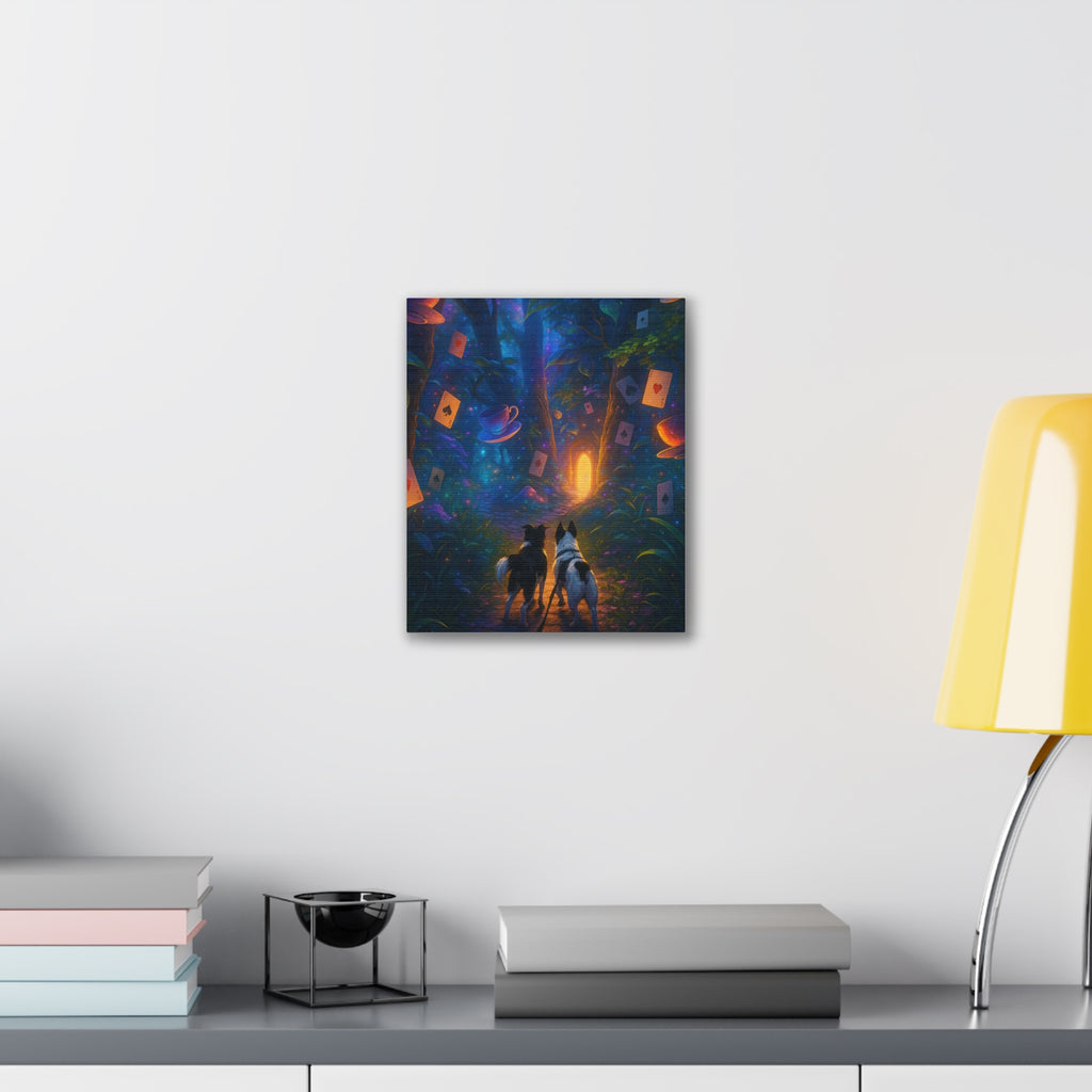 Magic Forest Canvas Wall Art — Dogs Exploring Wonderland with Glowing Door & Floating Playing Cards