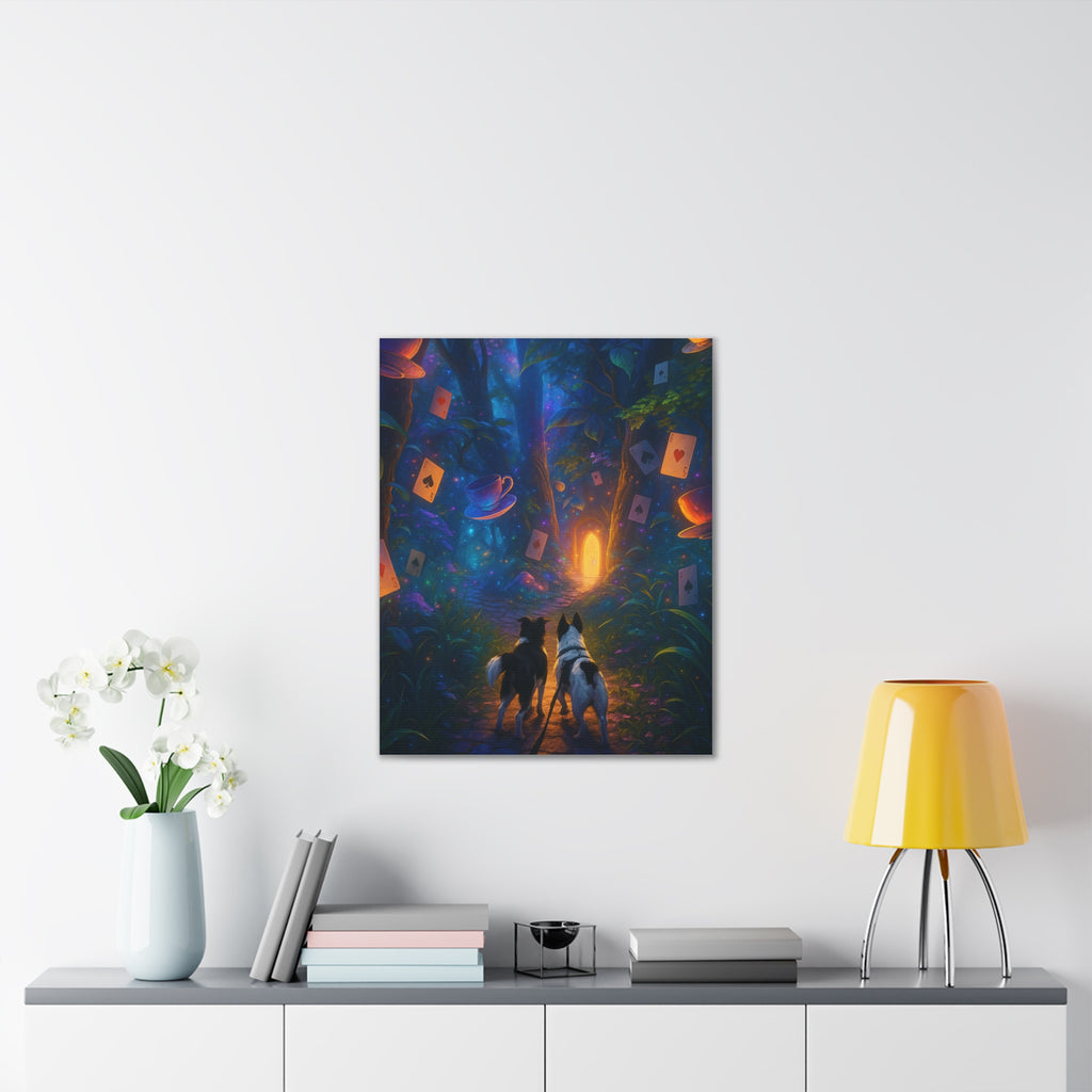 Magic Forest Canvas Wall Art — Dogs Exploring Wonderland with Glowing Door & Floating Playing Cards