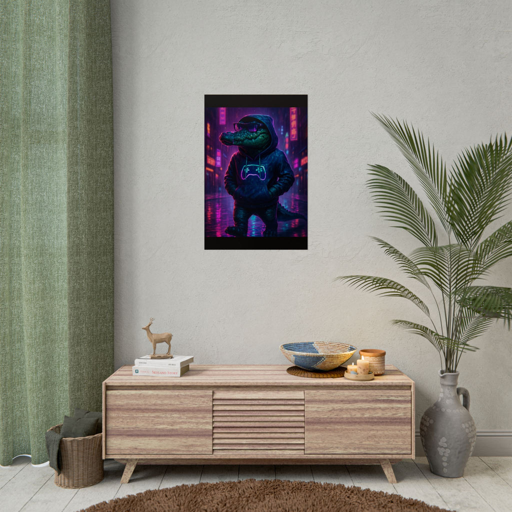 Rolled Posters - Florida Man Gaming Alligator Neon Gamer Hoodie Poster Print