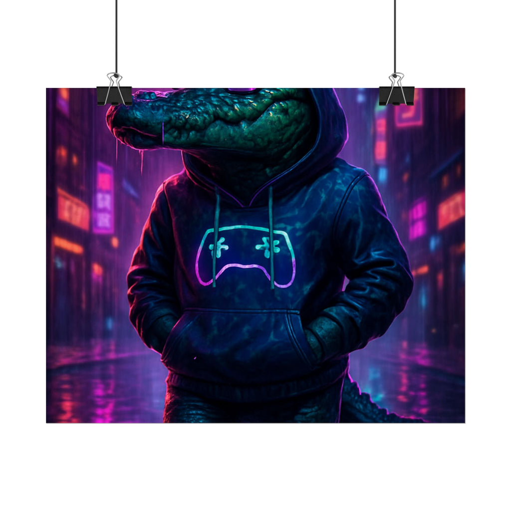 Rolled Posters - Florida Man Gaming Alligator Neon Gamer Hoodie Poster Print