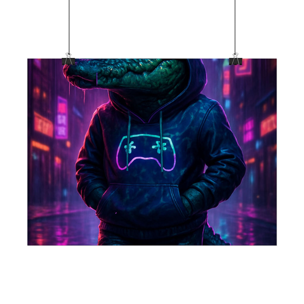 Rolled Posters - Florida Man Gaming Alligator Neon Gamer Hoodie Poster Print