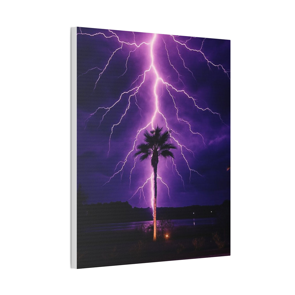 Purple Lightning Palm Tree Canvas Wall Art — Storm Photography Stretched Canvas
