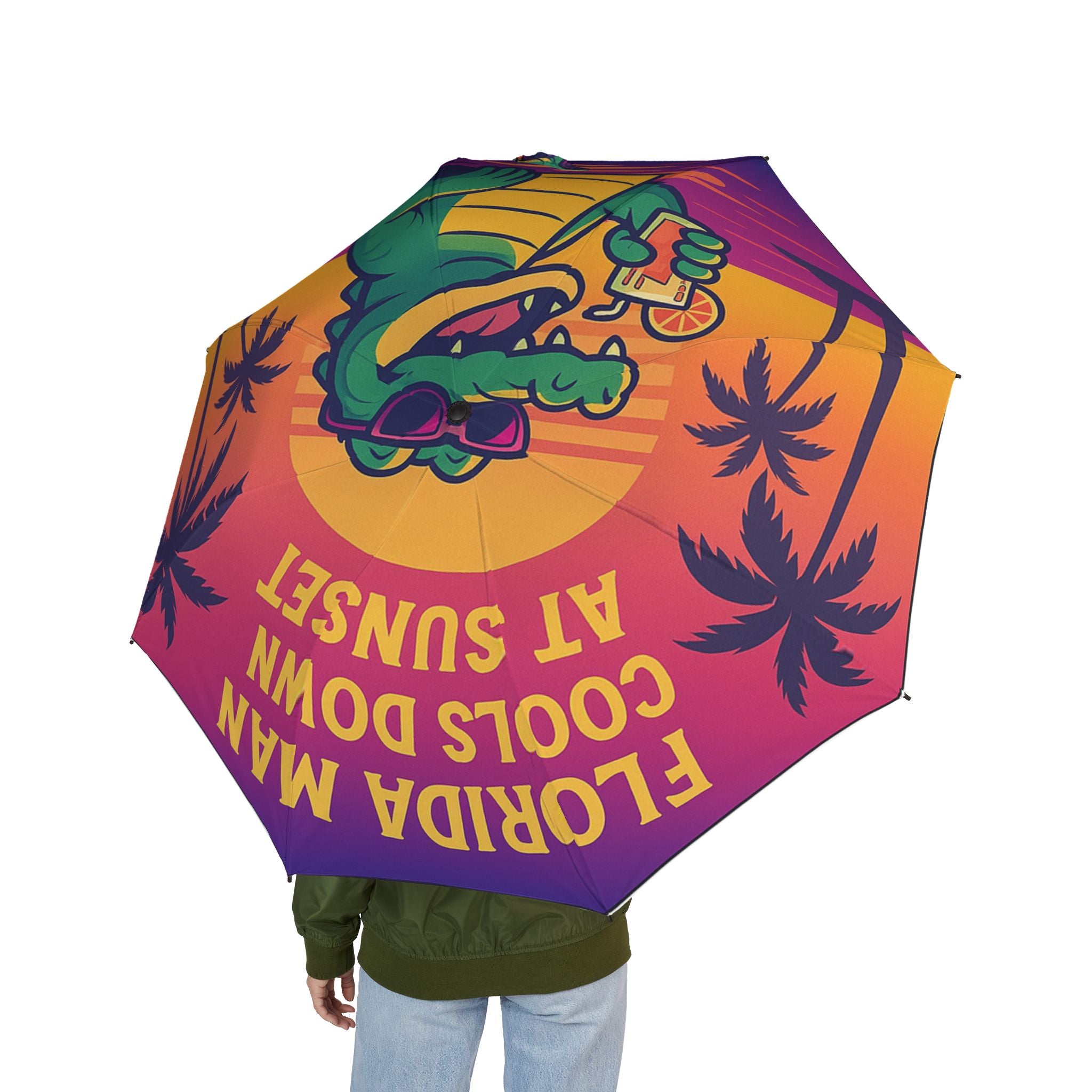 Tropical Dino Sunset Umbrella — "Florida Man Rolls Down At Sunset" Foldable Rain Umbrella