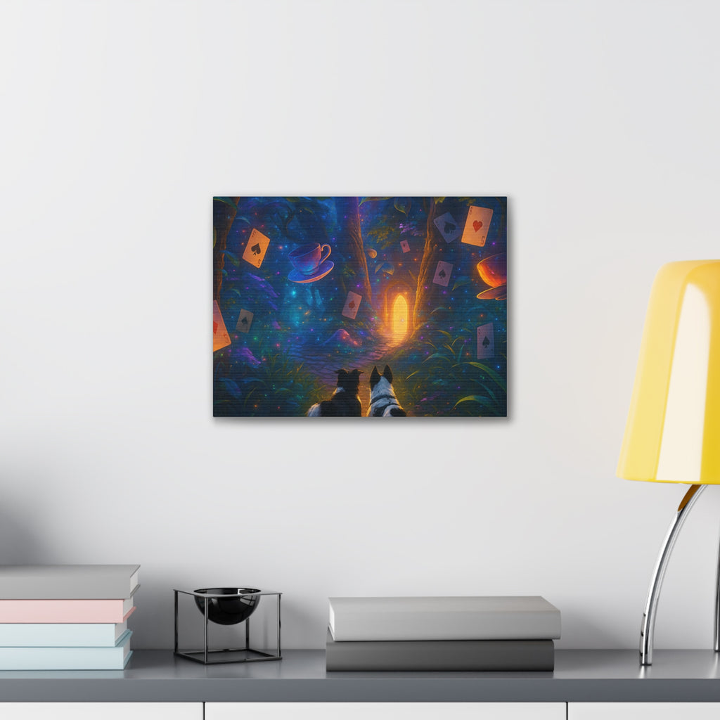 Magic Forest Canvas Wall Art — Dogs Exploring Wonderland with Glowing Door & Floating Playing Cards