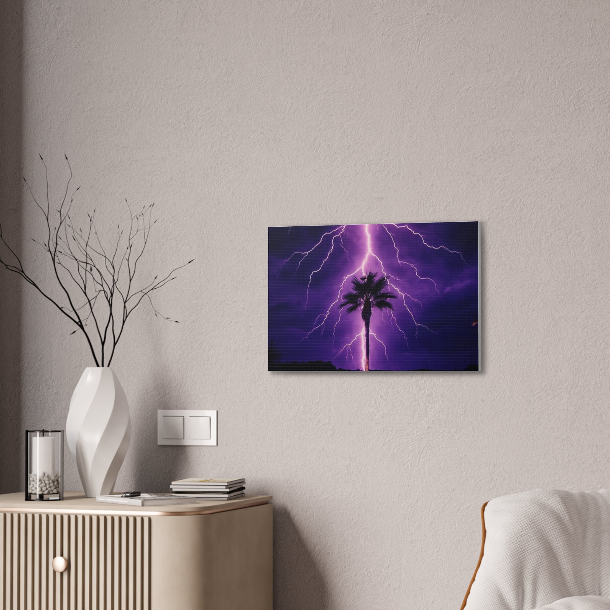 Purple Lightning Palm Tree Canvas Wall Art — Storm Photography Stretched Canvas