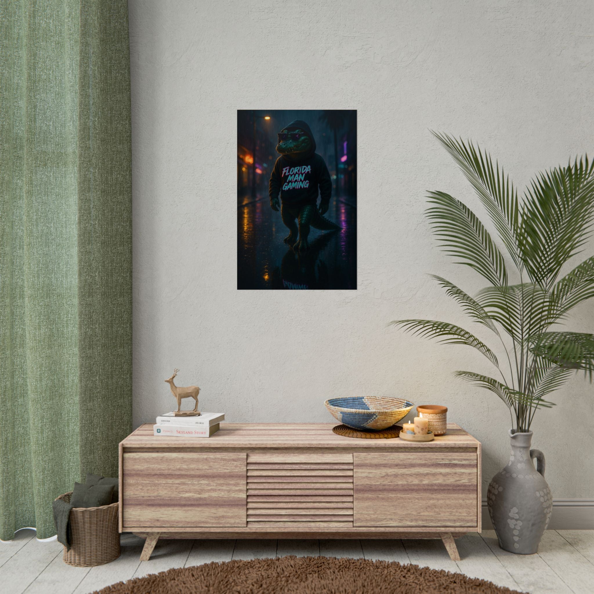Rolled Posters - Florida Man Gaming Alligator Neon Cyberpunk Scene