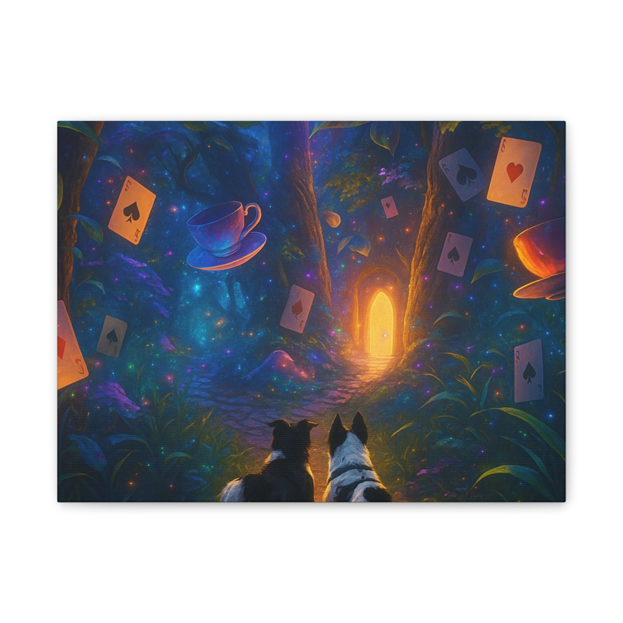 Magic Forest Canvas Wall Art — Dogs Exploring Wonderland with Glowing Door & Floating Playing Cards