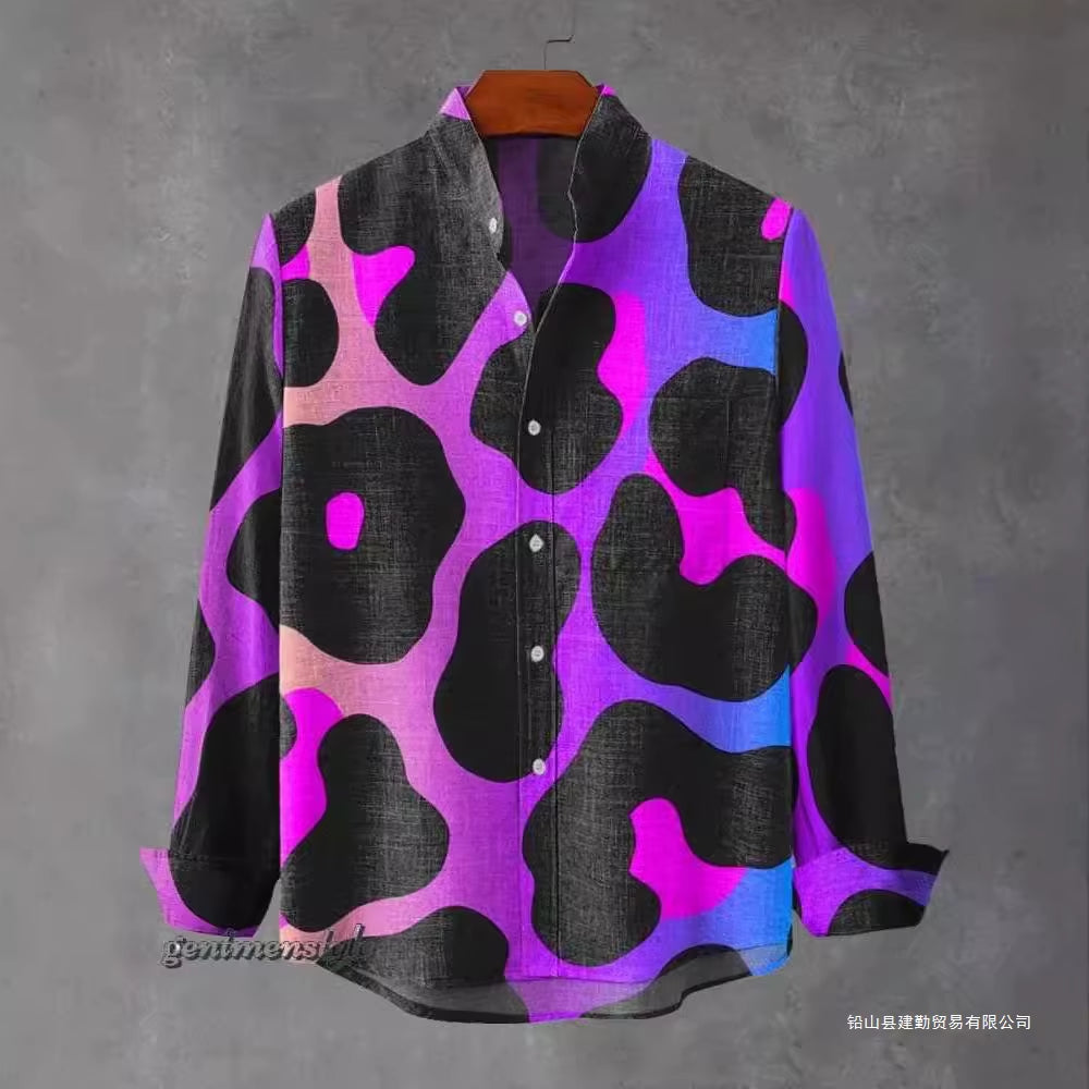 2025 Spring and Autumn Men'S Fashion Stand Collar Linen Long Sleeved Shirt Elegant Fragmented Pattern Printed Top