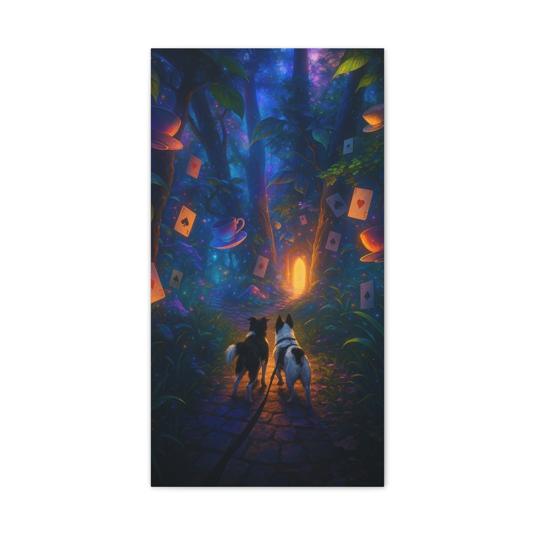 Magic Forest Canvas Wall Art — Dogs Exploring Wonderland with Glowing Door & Floating Playing Cards