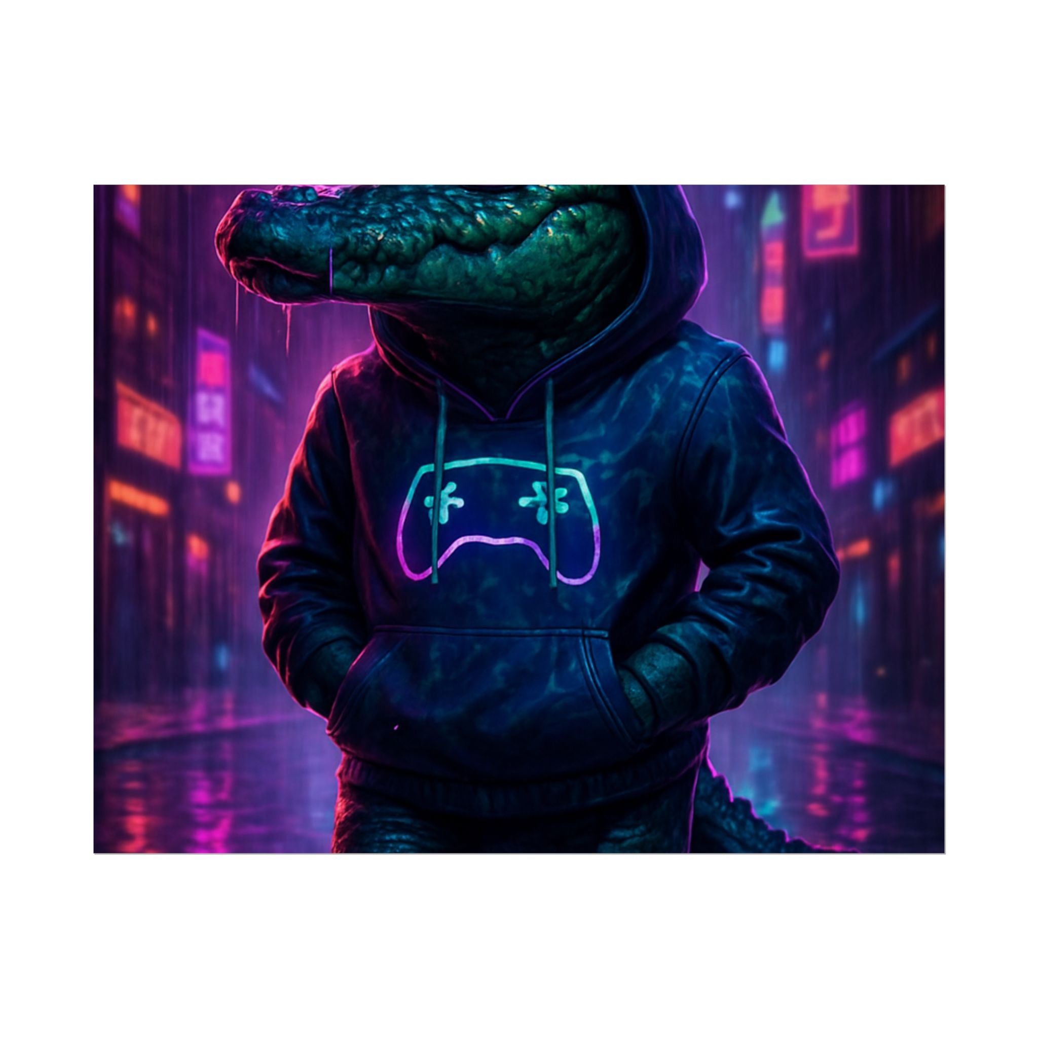 Rolled Posters - Florida Man Gaming Alligator Neon Gamer Hoodie Poster Print