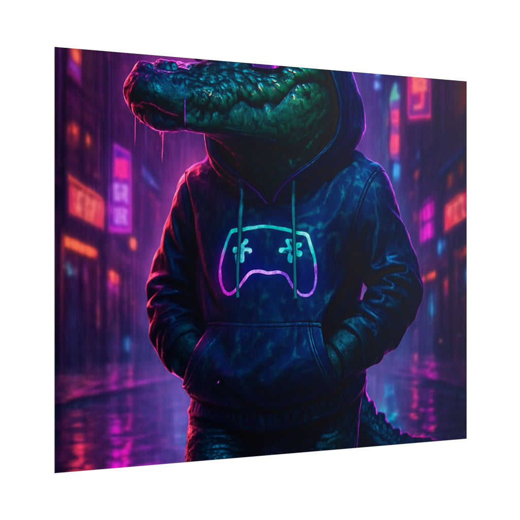 Rolled Posters - Florida Man Gaming Alligator Neon Gamer Hoodie Poster Print