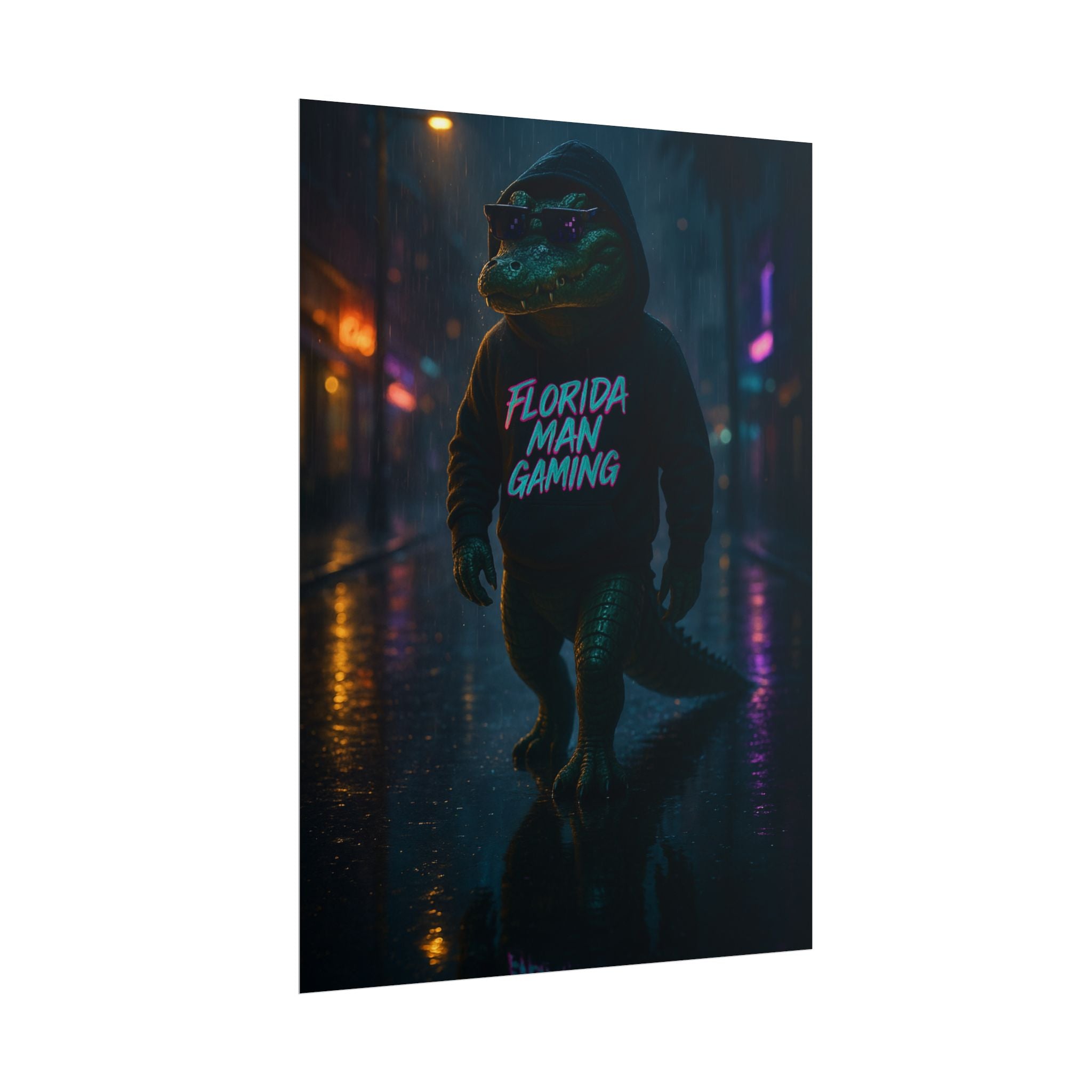 Rolled Posters - Florida Man Gaming Alligator Neon Cyberpunk Scene