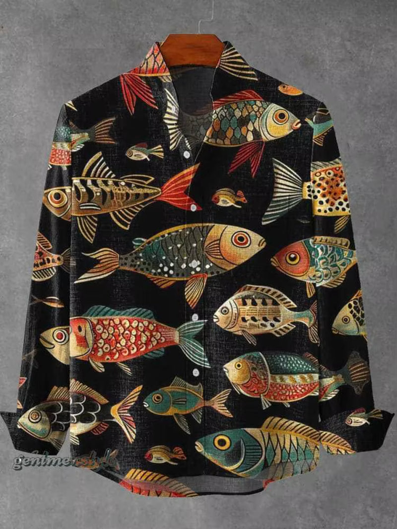 2025 Spring and Autumn Men'S Fashion Stand Collar Linen Long Sleeved Shirt Elegant Fragmented Pattern Printed Top